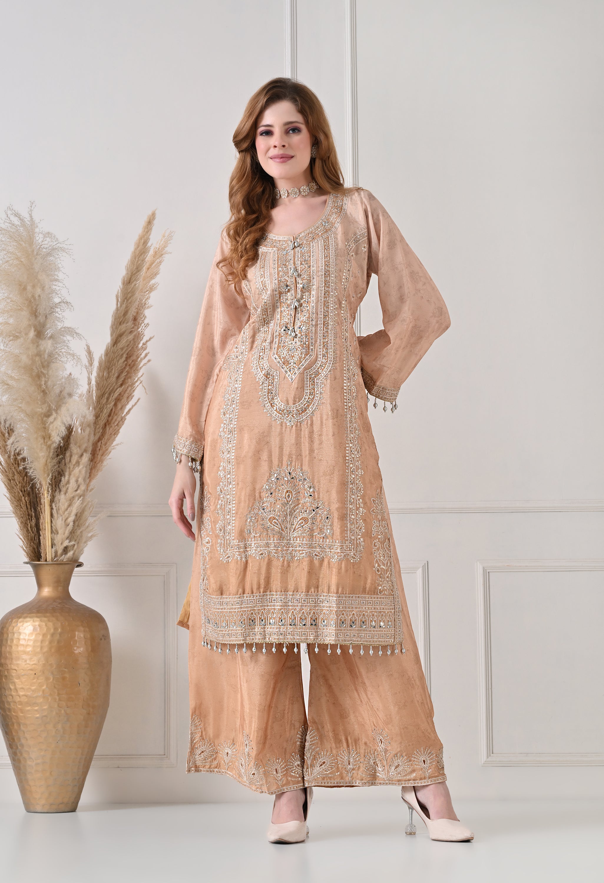 Golden Chinon Zari Sequin Work Sharara Suit- Set of 3