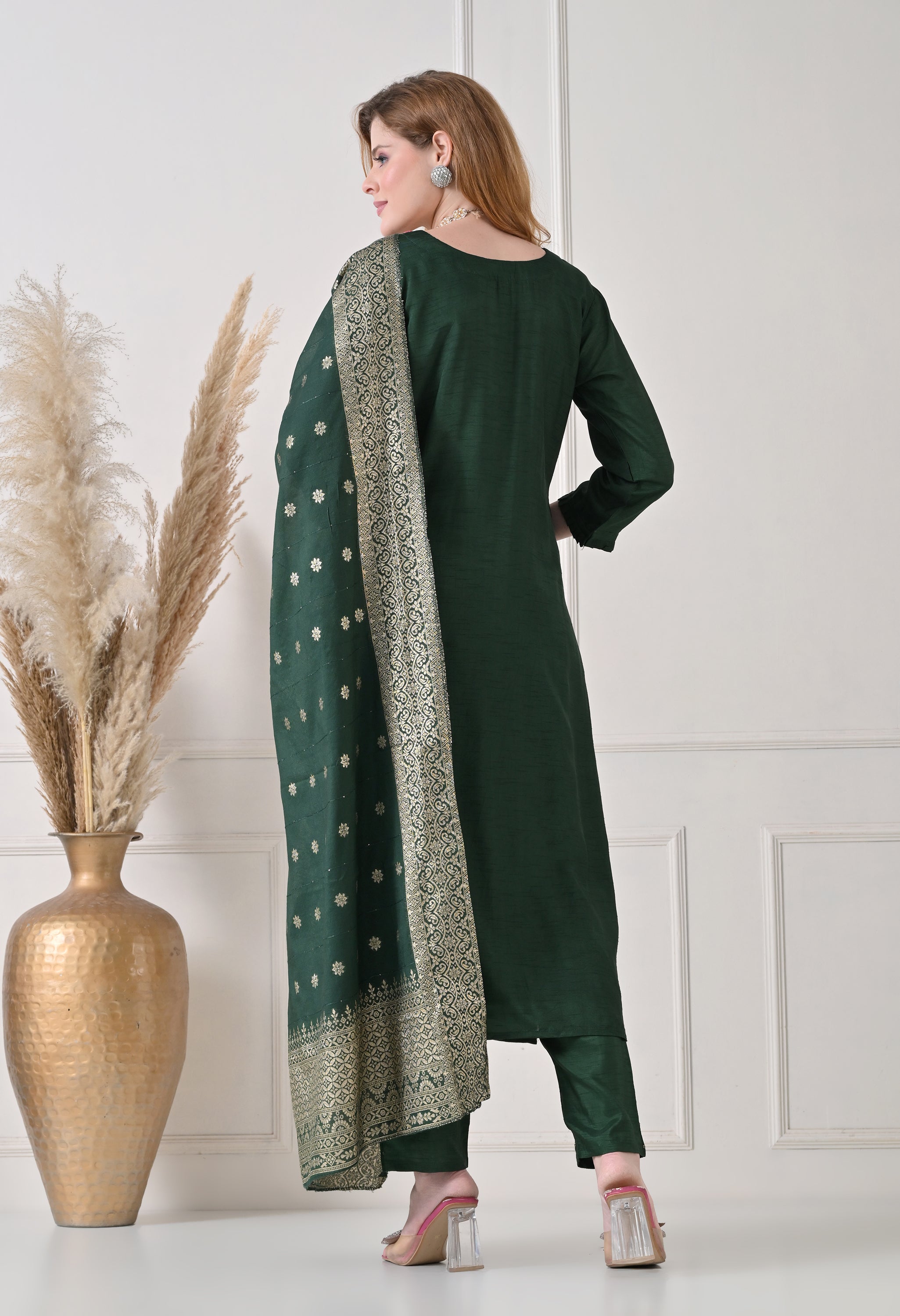 Bottle Green Silk Dabka Work Suit- Set of 3