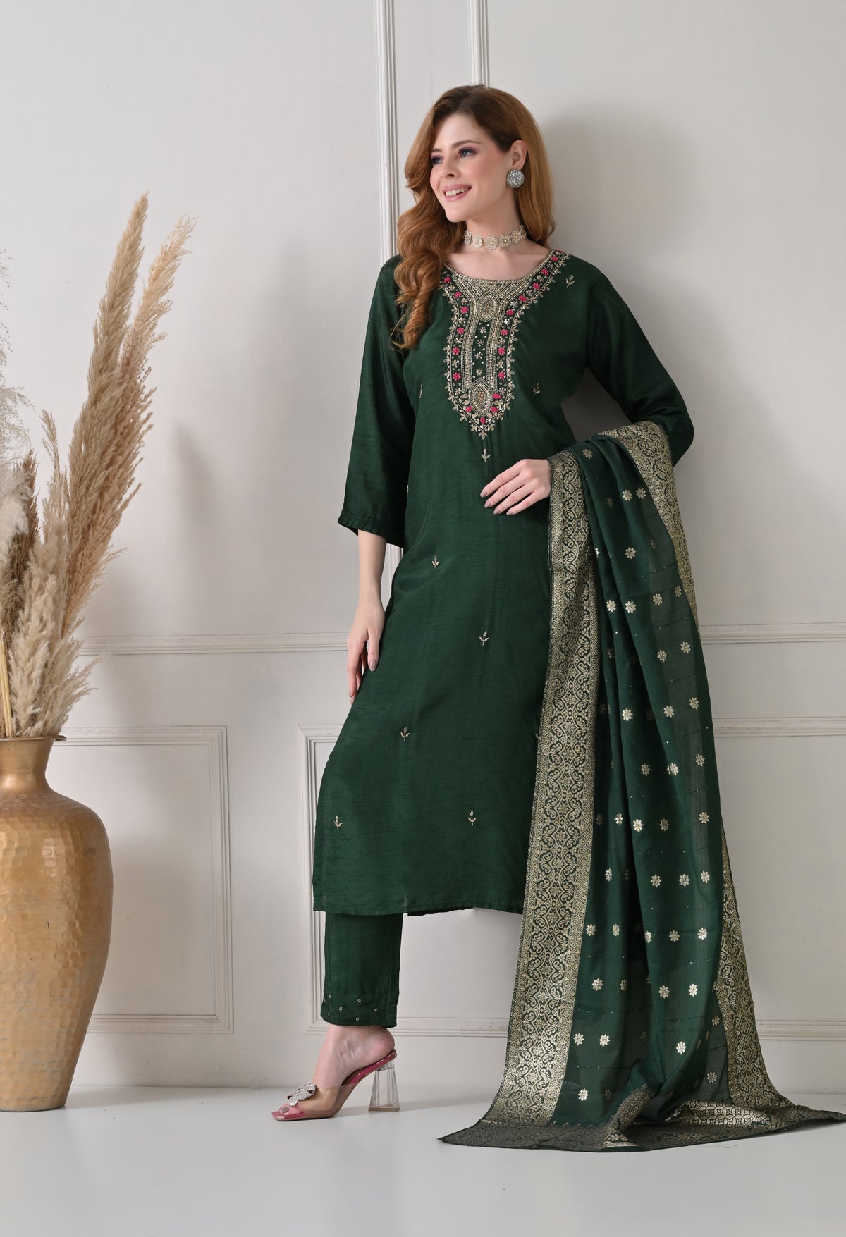 Bottle Green Silk Dabka Work Suit- Set of 3