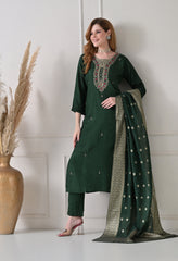 Bottle Green Silk Dabka Work Suit- Set of 3