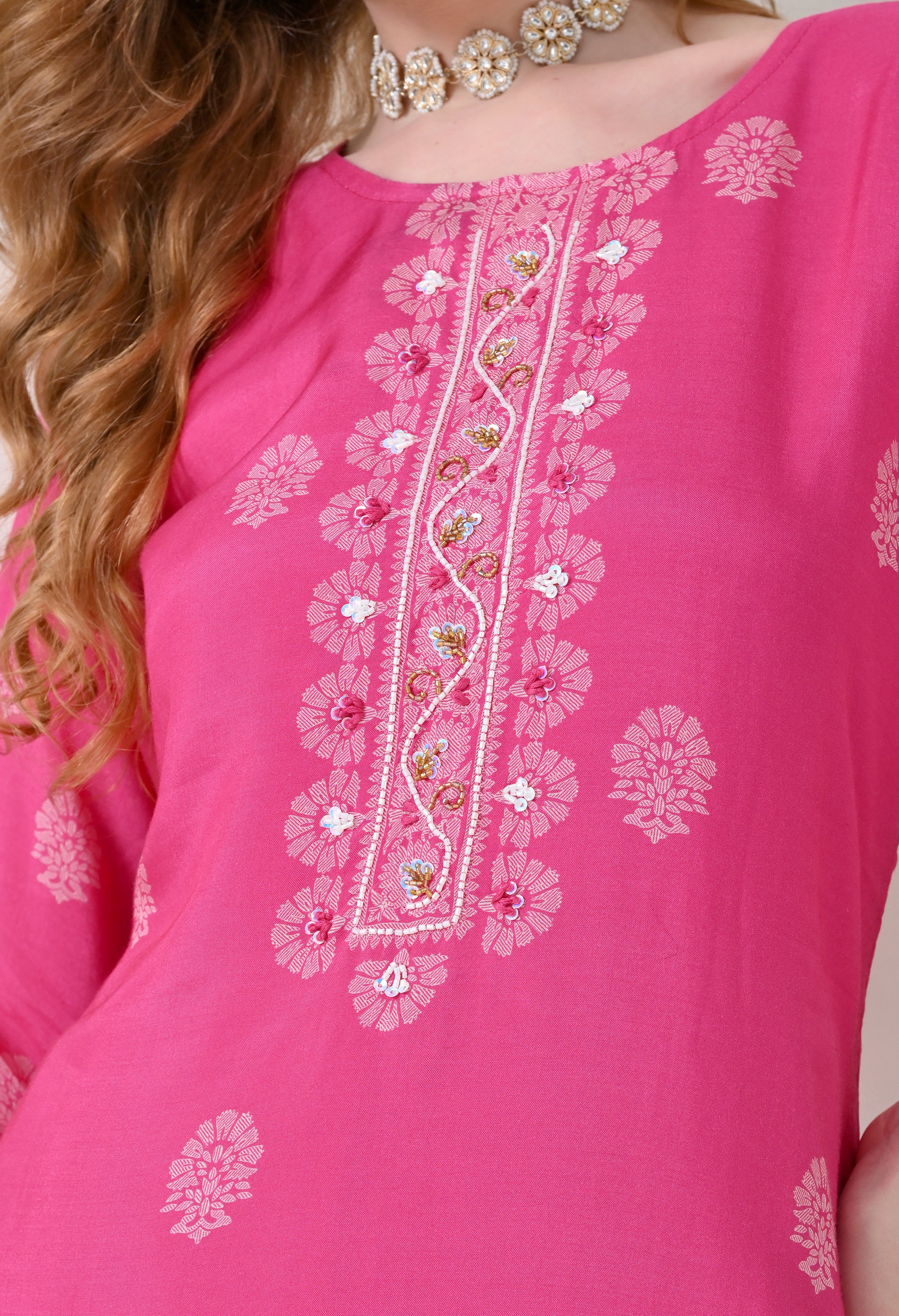 Pink Muslin Embroidered Suit - Set of 3