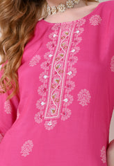 Pink Muslin Embroidered Suit - Set of 3