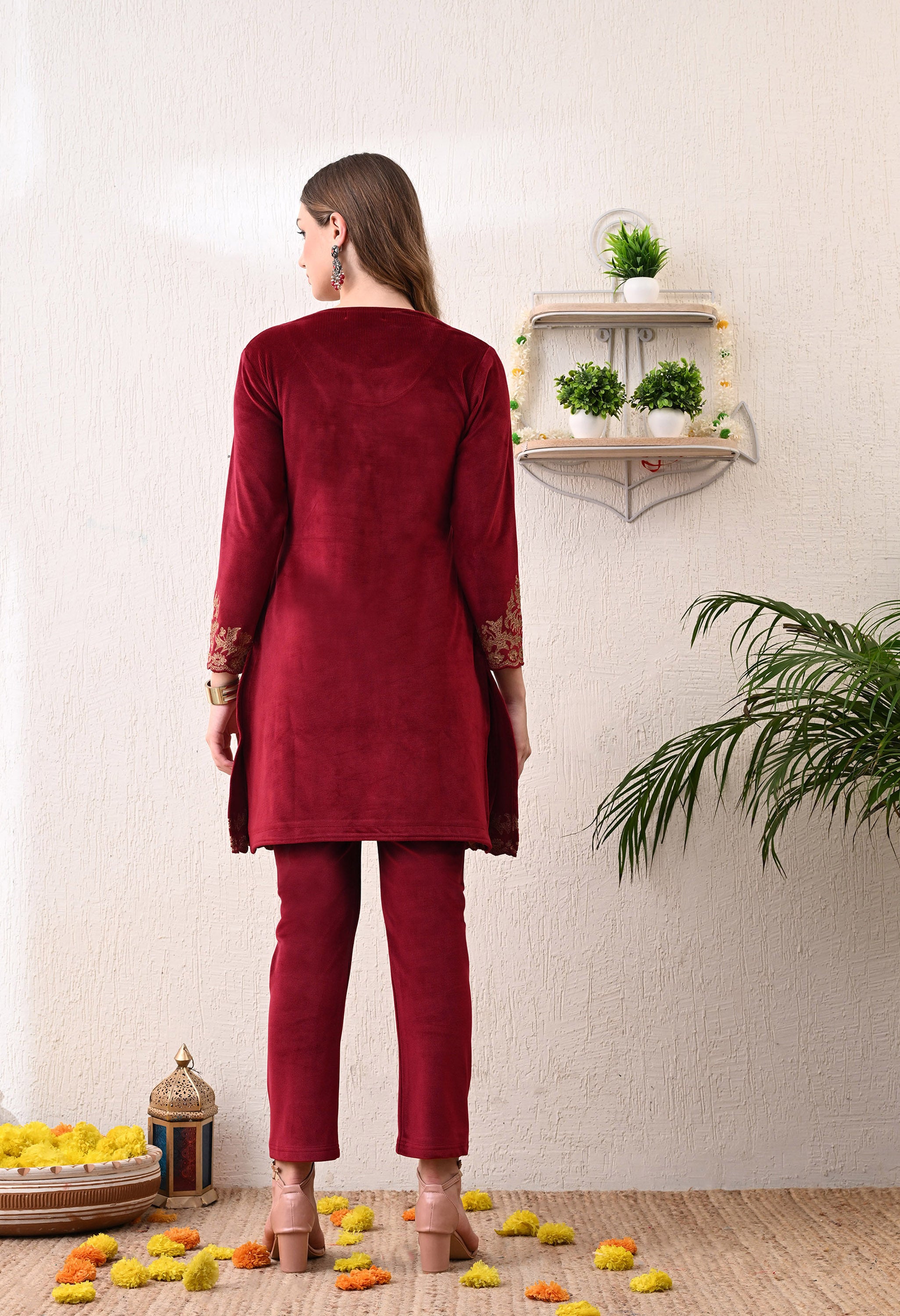 Red Velvet Kashmiri Embroidered - 2 Piece Set