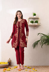 Red Velvet Kashmiri Embroidered - 2 Piece Set