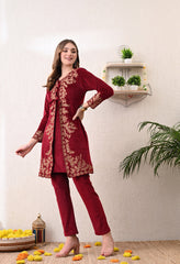Red Velvet Kashmiri Embroidered - 2 Piece Set