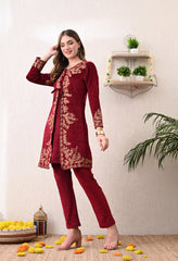 Red Velvet Kashmiri Embroidered - 2 Piece Set