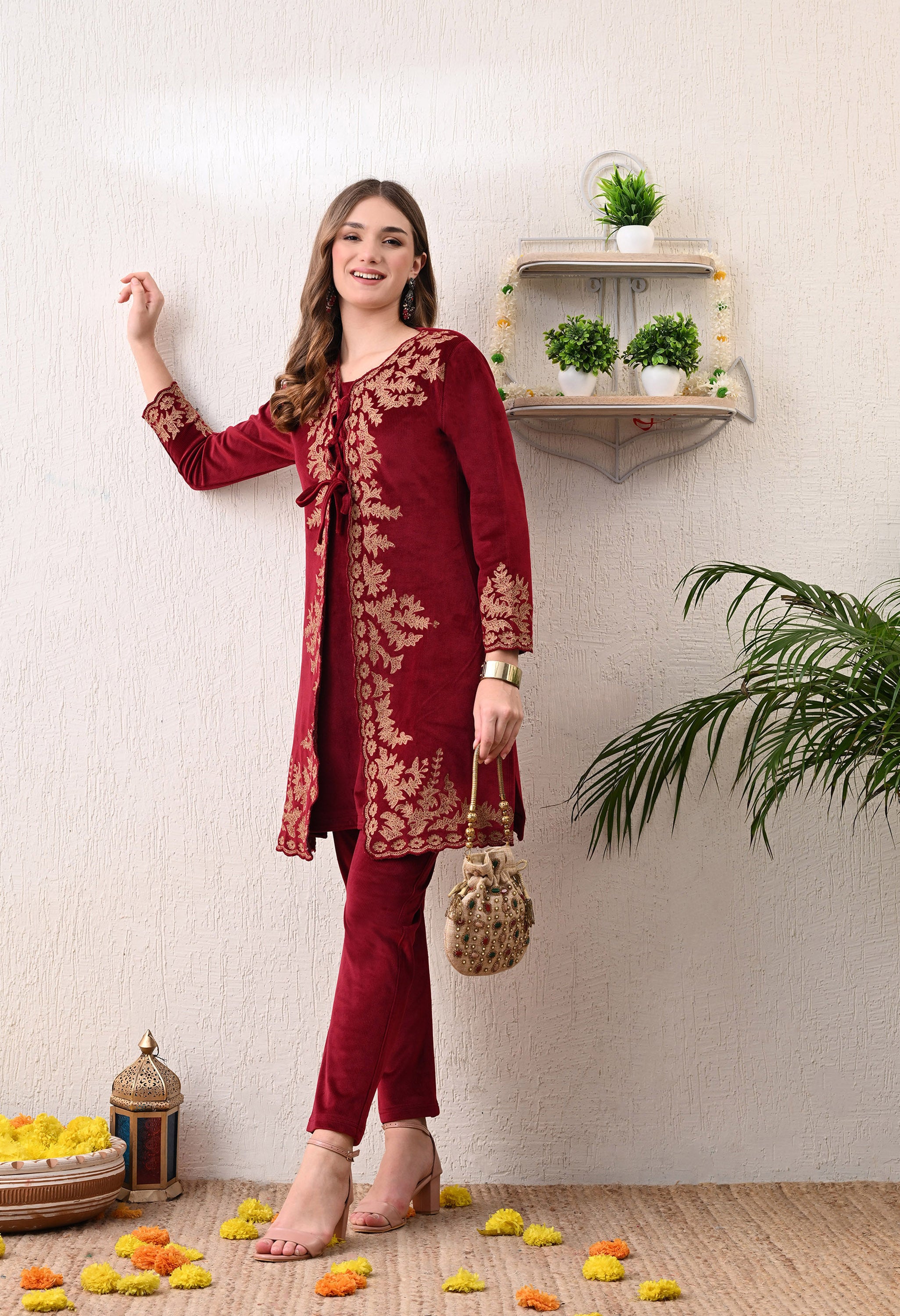 Red Velvet Kashmiri Embroidered - 2 Piece Set