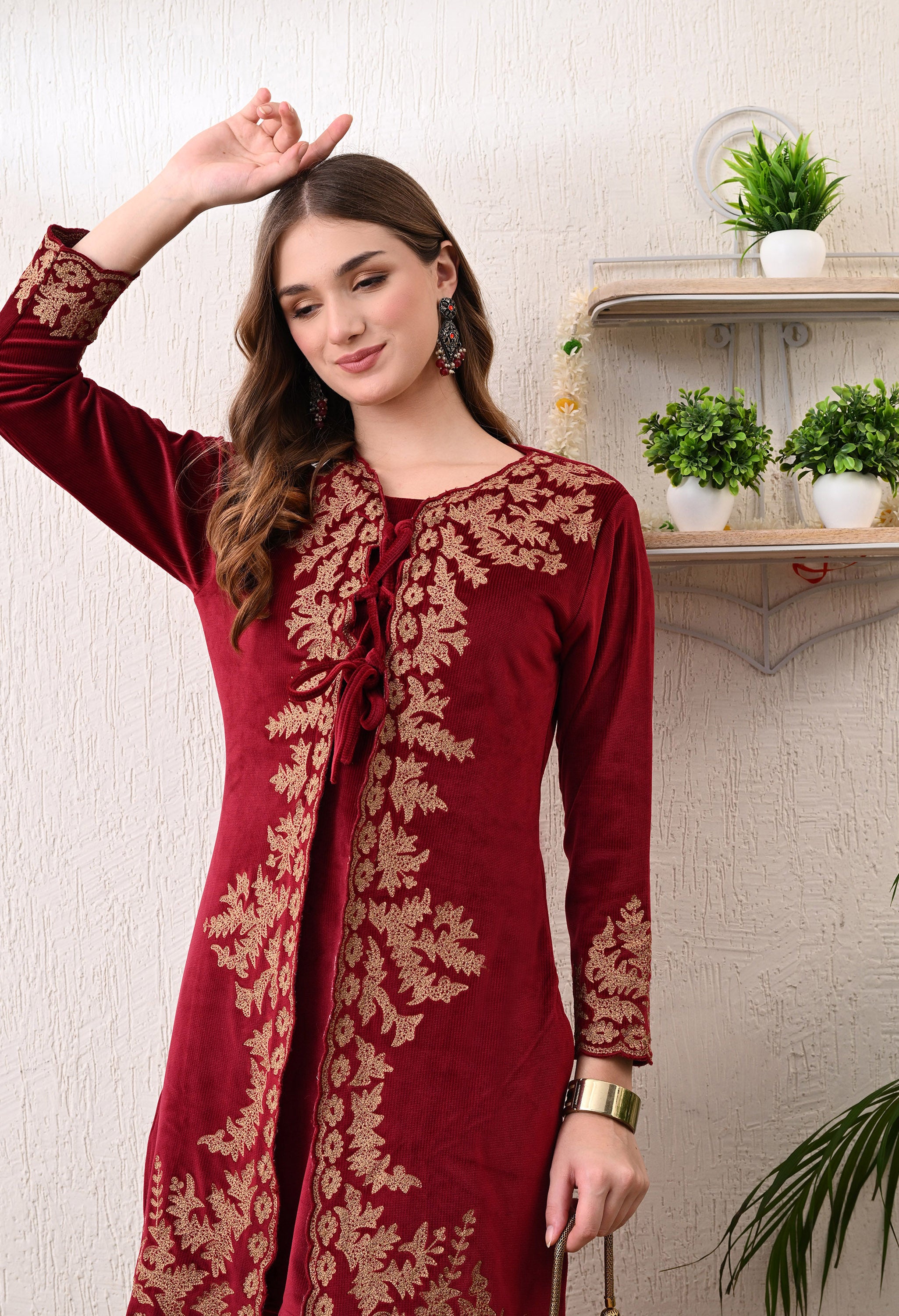 Red Velvet Kashmiri Embroidered - 2 Piece Set
