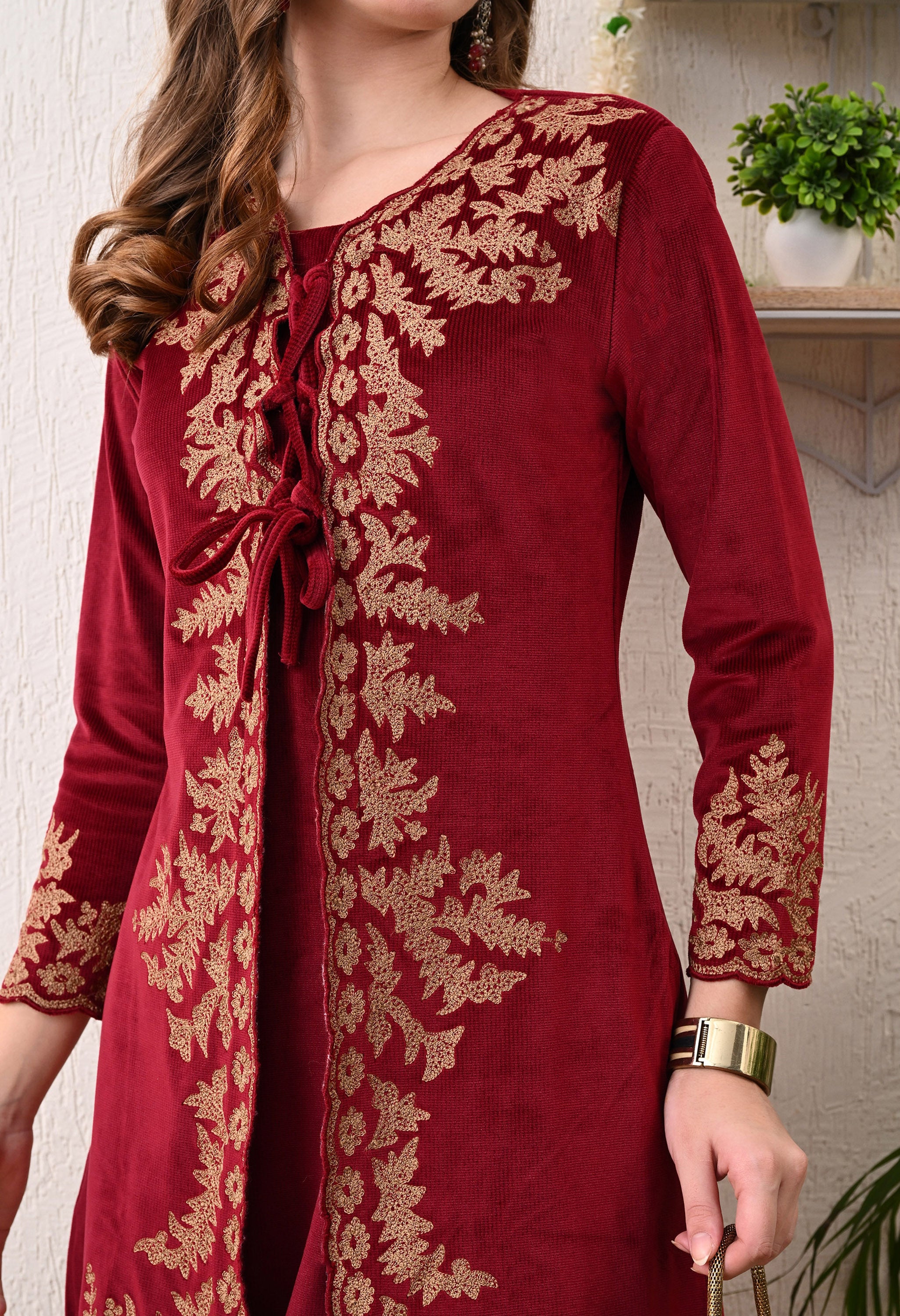 Red Velvet Kashmiri Embroidered - 2 Piece Set