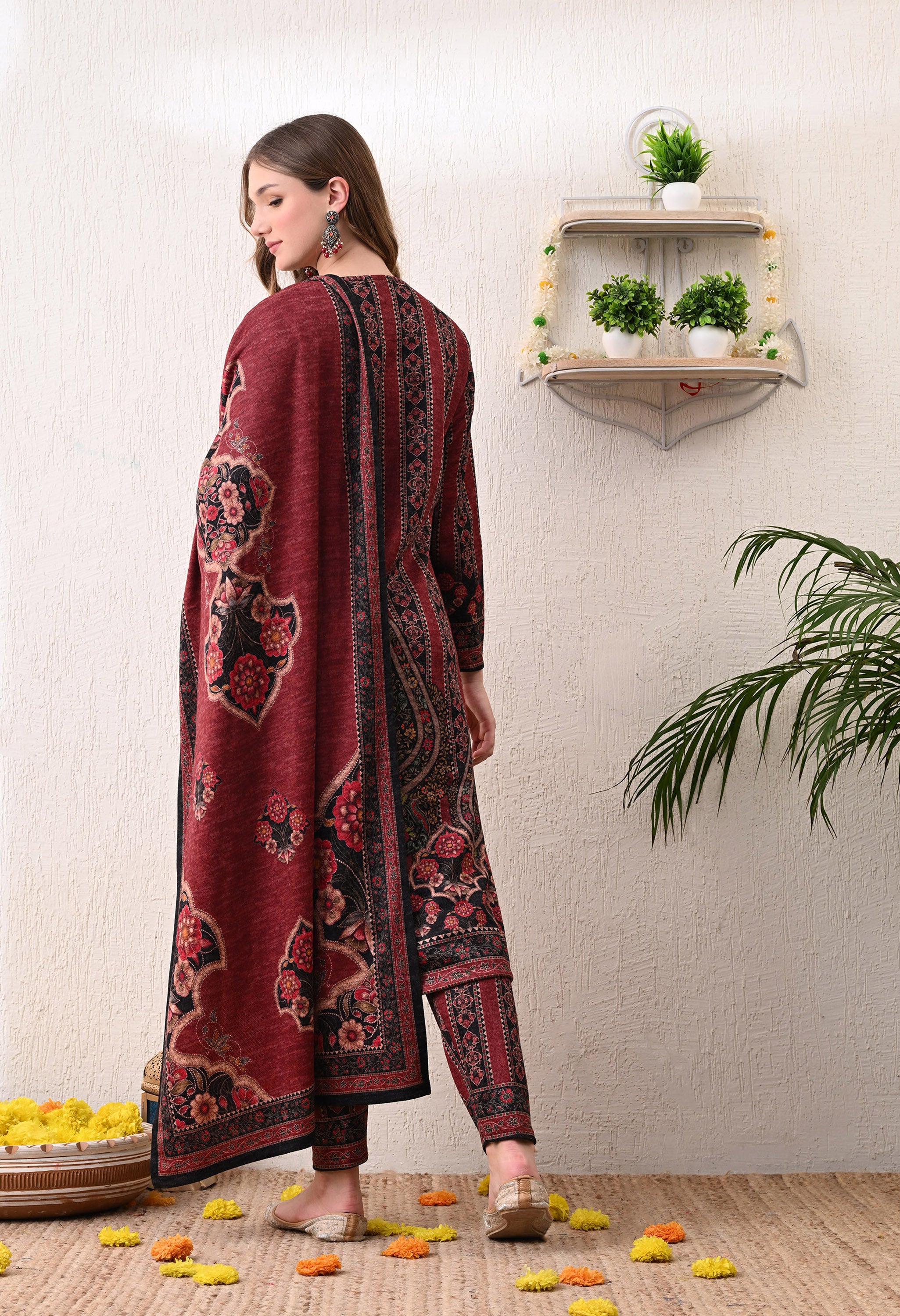 Maroon Digital Print Woolen Suit with Zari Detailing on the Neckline - 3 Piece Set including Shawl