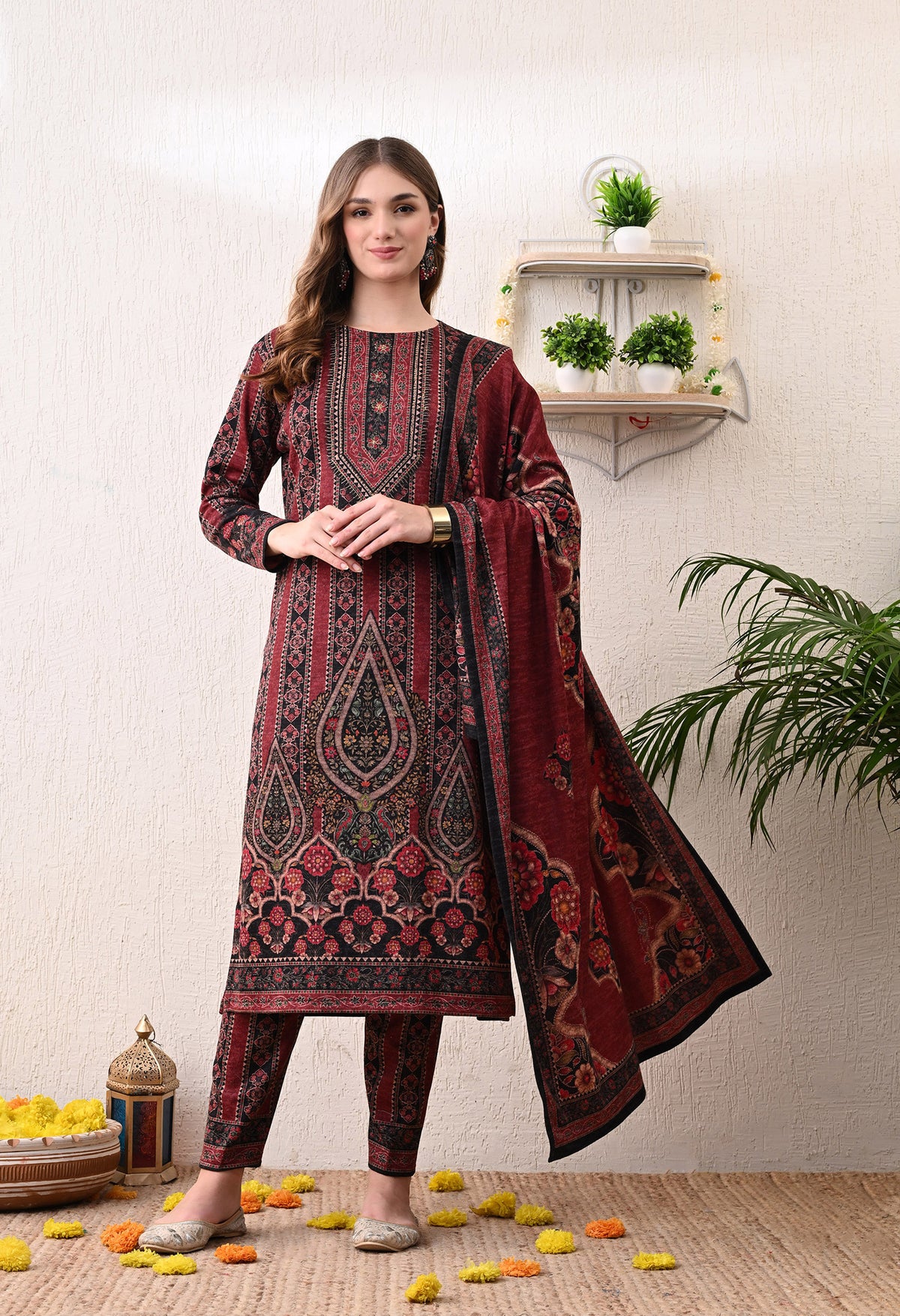 Maroon Digital Print Woolen Suit with Zari Detailing on the Neckline - 3 Piece Set including Shawl