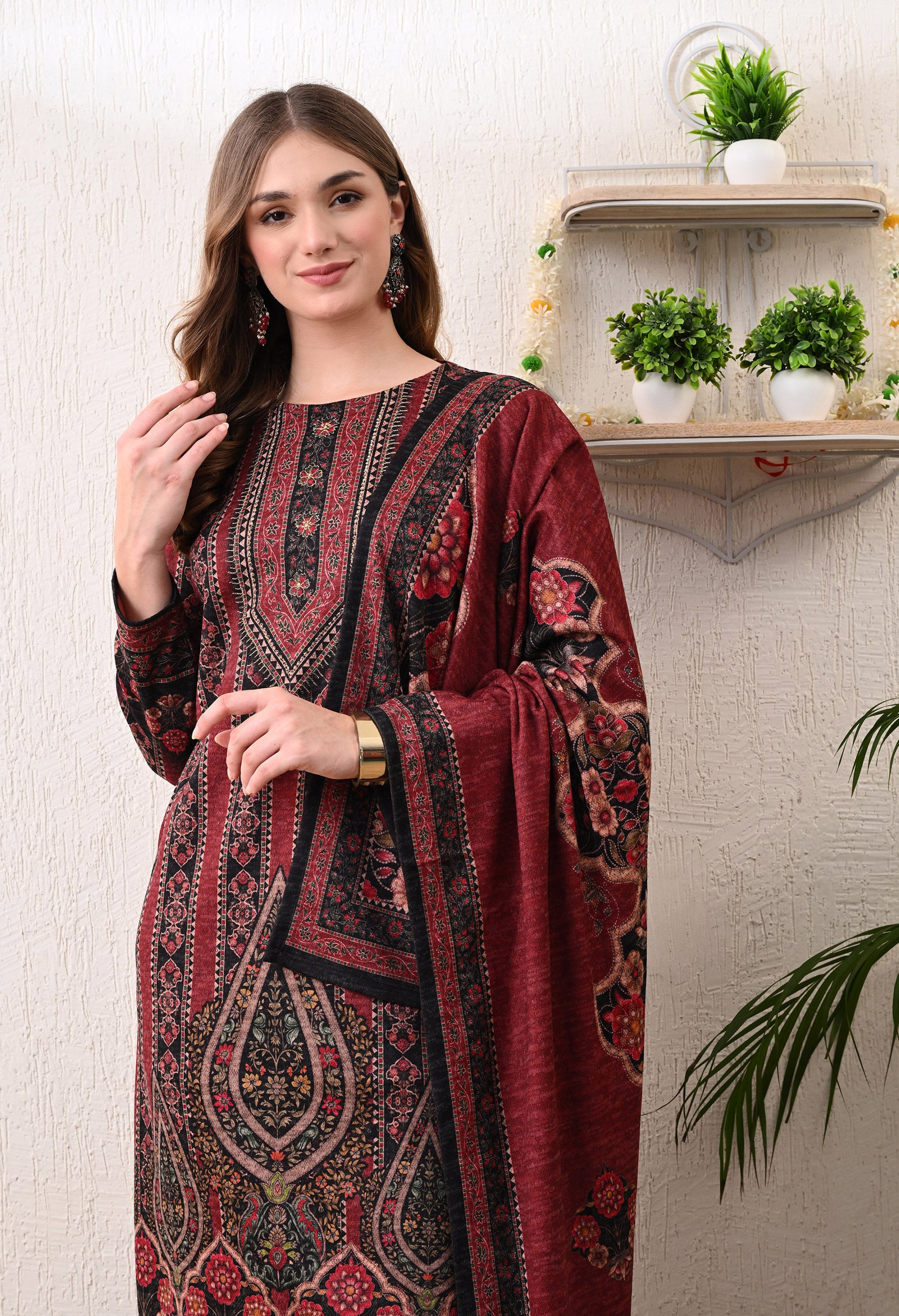 Maroon Digital Print Woolen Suit with Zari Detailing on the Neckline - 3 Piece Set including Shawl