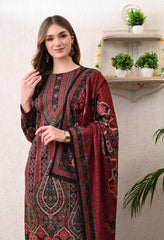 Maroon Digital Print Woolen Suit with Zari Detailing on the Neckline - 3 Piece Set including Shawl
