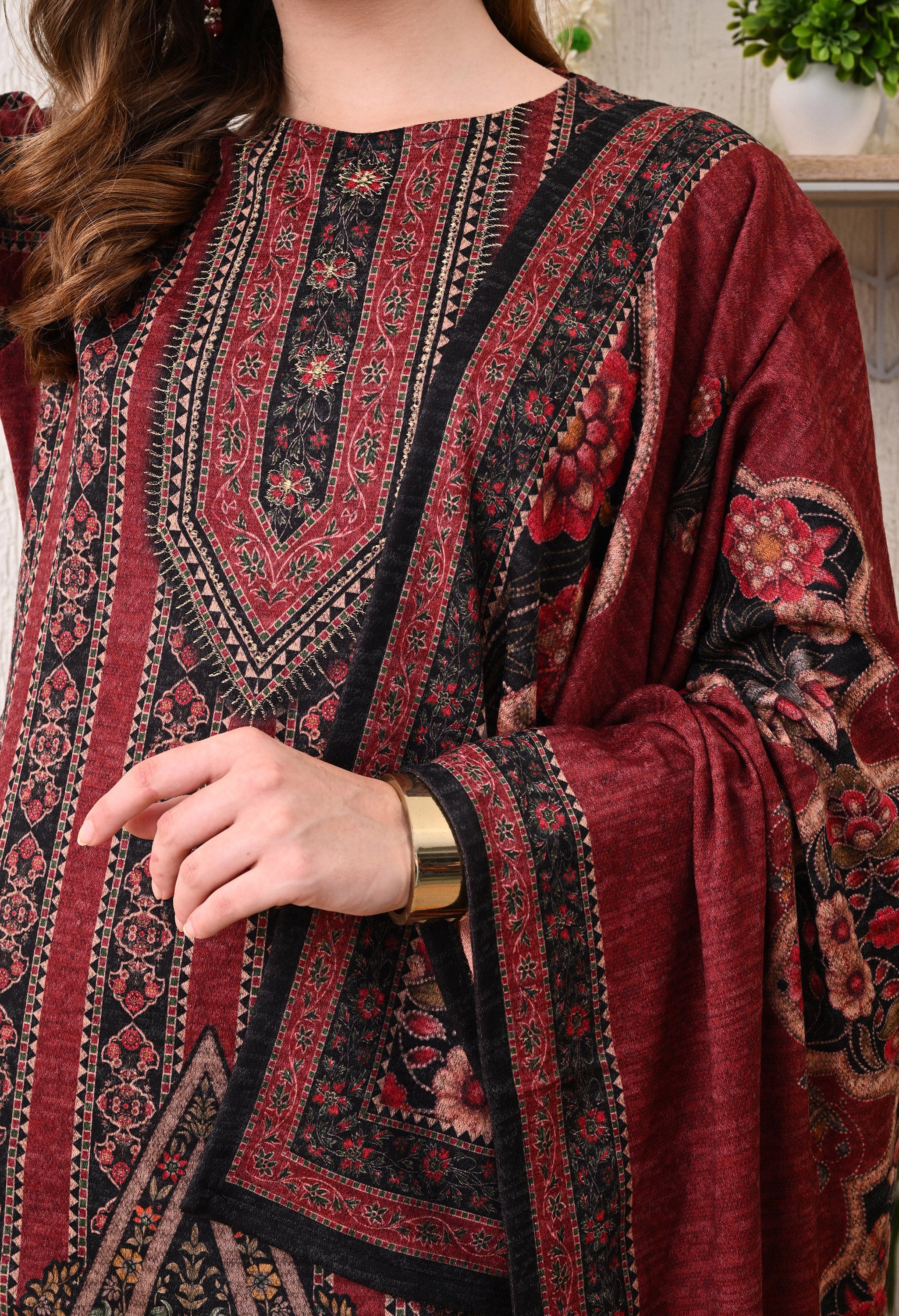 Maroon Digital Print Woolen Suit with Zari Detailing on the Neckline - 3 Piece Set including Shawl
