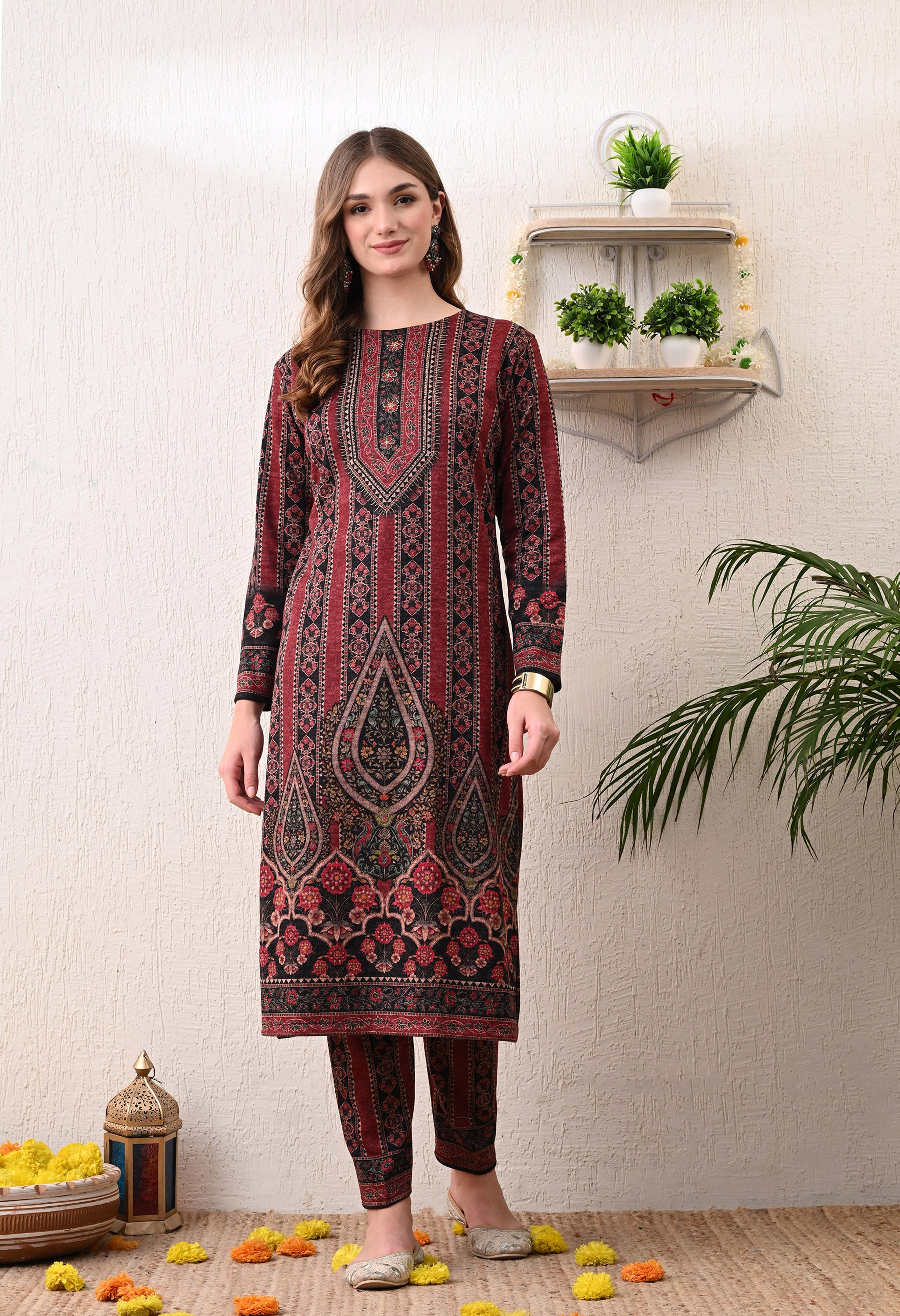 Maroon Digital Print Woolen Suit with Zari Detailing on the Neckline - 3 Piece Set including Shawl