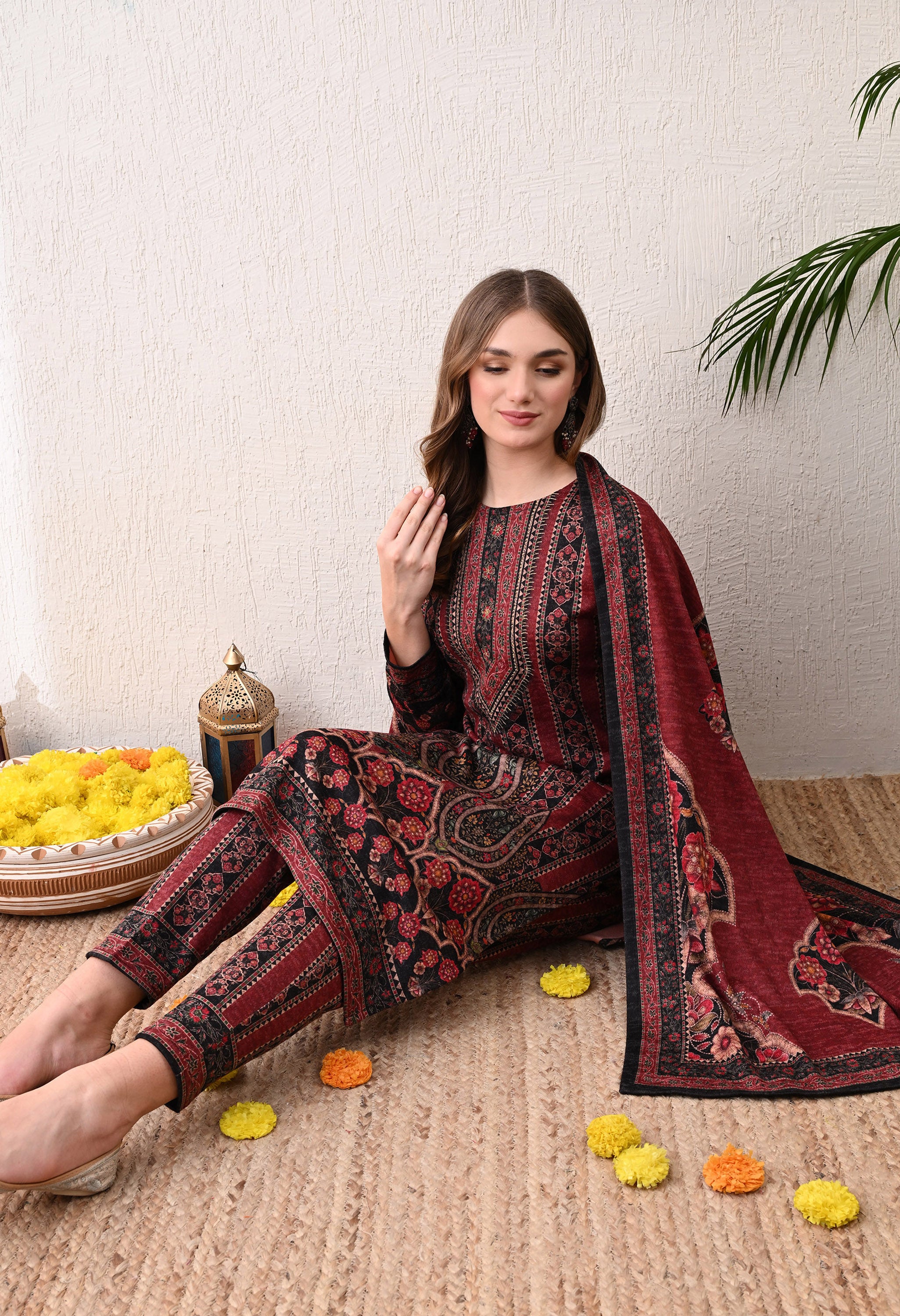 Maroon Digital Print Woolen Suit with Zari Detailing on the Neckline - 3 Piece Set including Shawl
