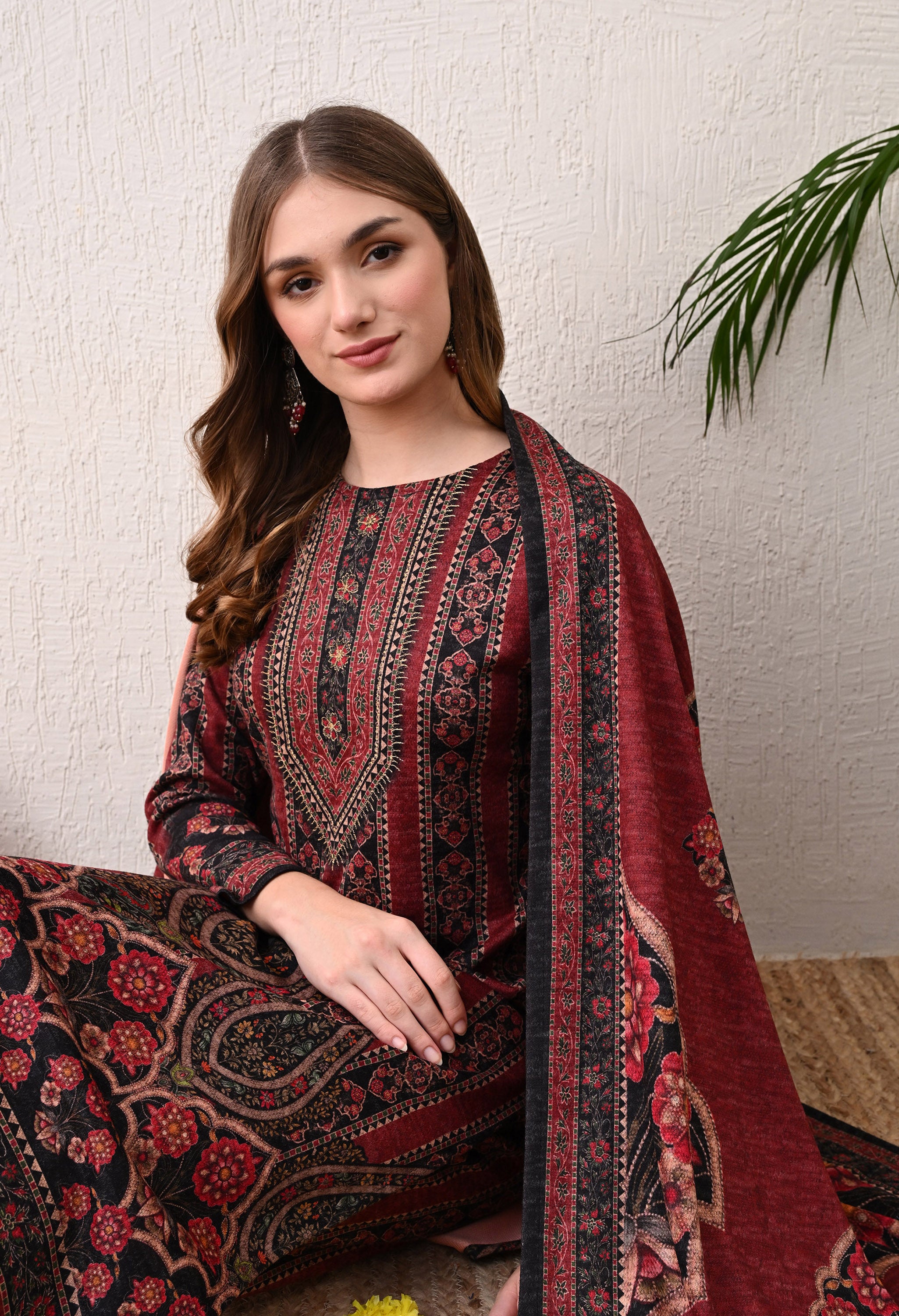 Maroon Digital Print Woolen Suit with Zari Detailing on the Neckline - 3 Piece Set including Shawl