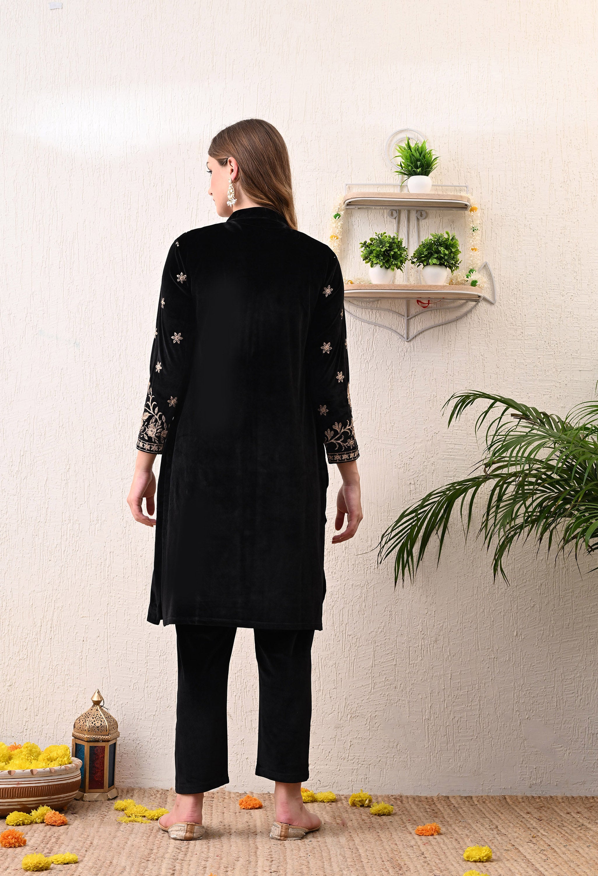 Black Kashmiri Embroidered Velvet Suit with Detachable Jacket - Set of 3
