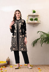 Black Kashmiri Embroidered Velvet Suit with Detachable Jacket - Set of 3