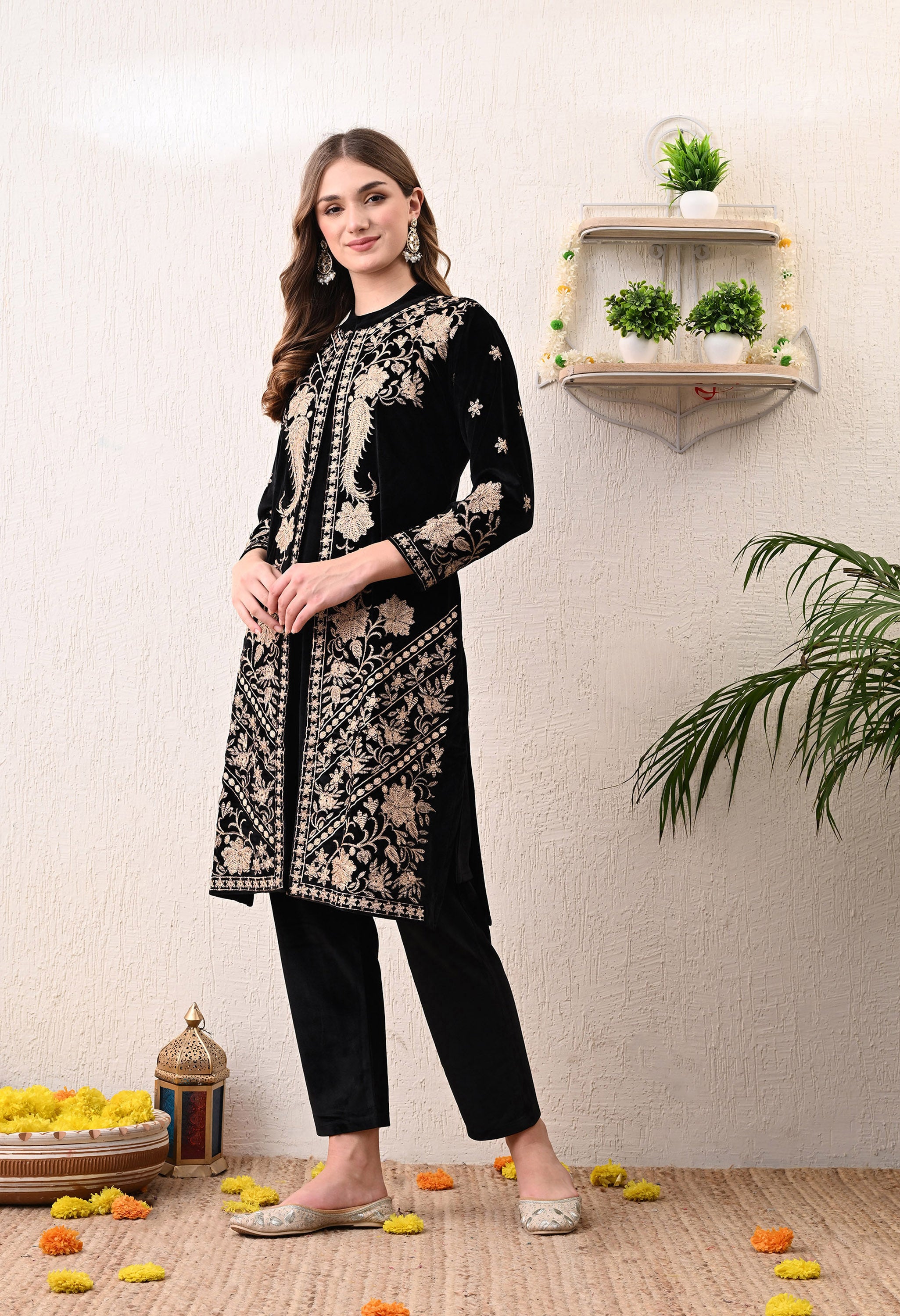 Black Kashmiri Embroidered Velvet Suit with Detachable Jacket - Set of 3