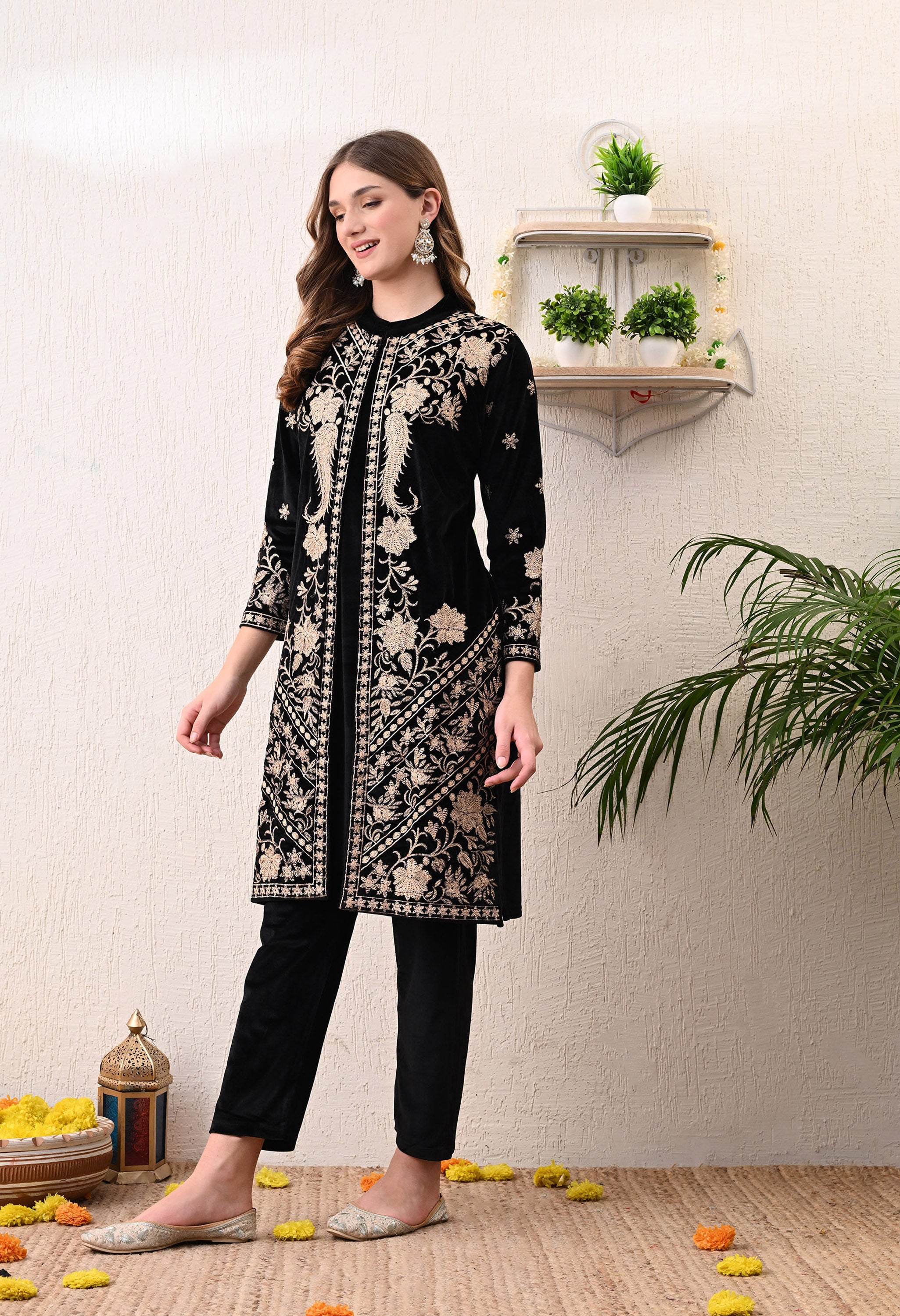 Black Kashmiri Embroidered Velvet Suit with Detachable Jacket - Set of 3