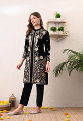 Black Kashmiri Embroidered Velvet Suit with Detachable Jacket - Set of 3