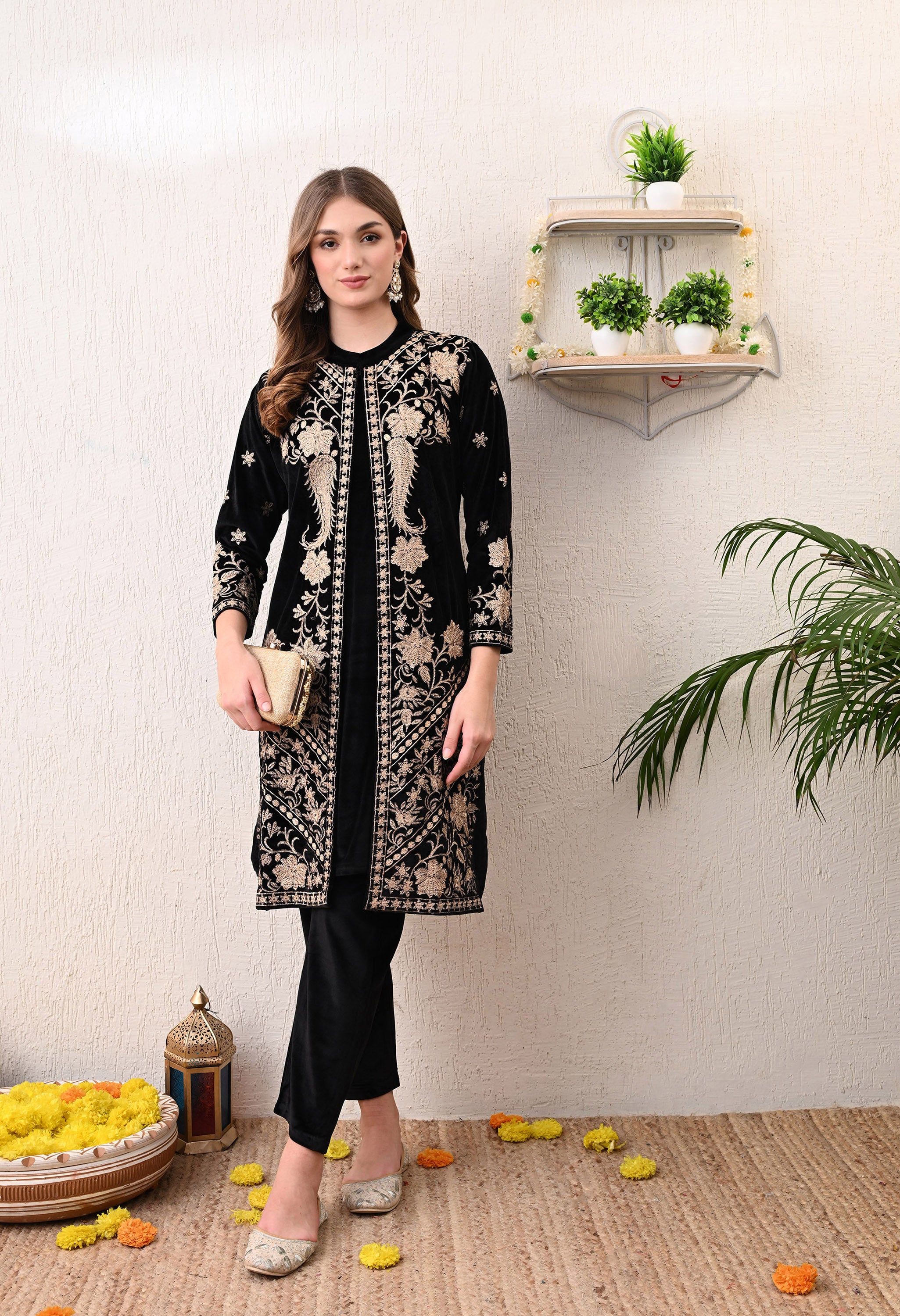 Black Kashmiri Embroidered Velvet Suit with Detachable Jacket - Set of 3