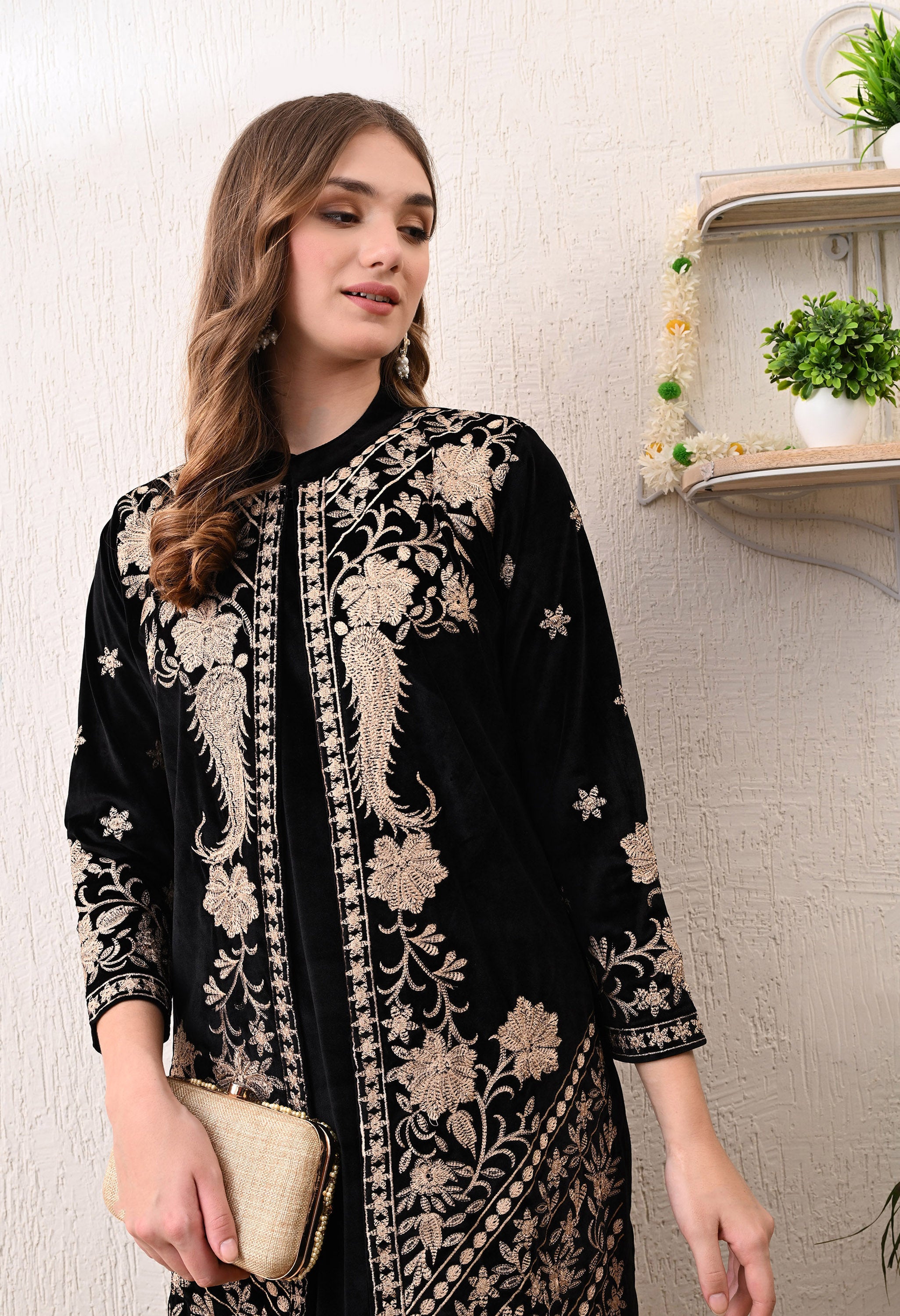 Black Kashmiri Embroidered Velvet Suit with Detachable Jacket - Set of 3