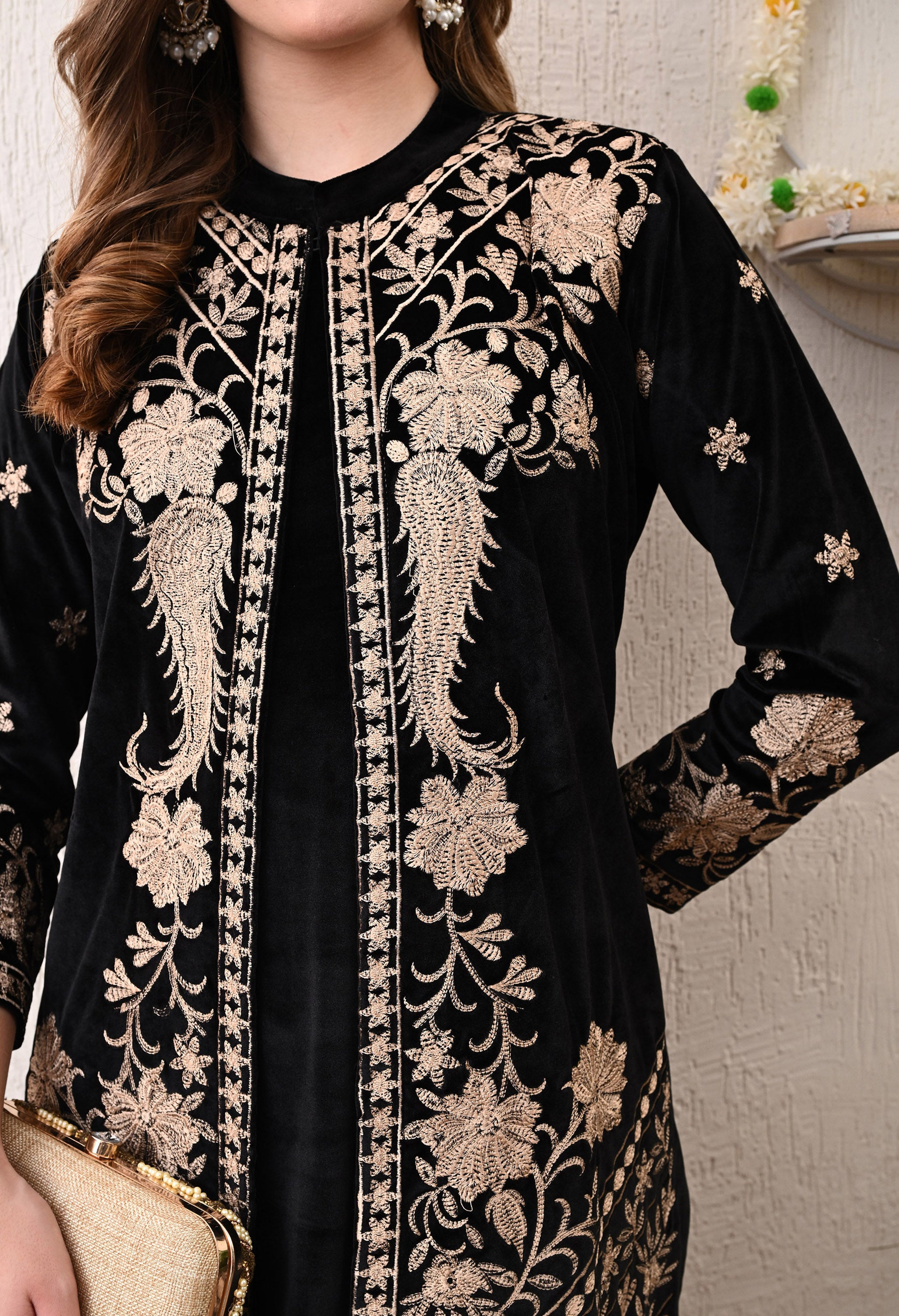 Black Kashmiri Embroidered Velvet Suit with Detachable Jacket - Set of 3