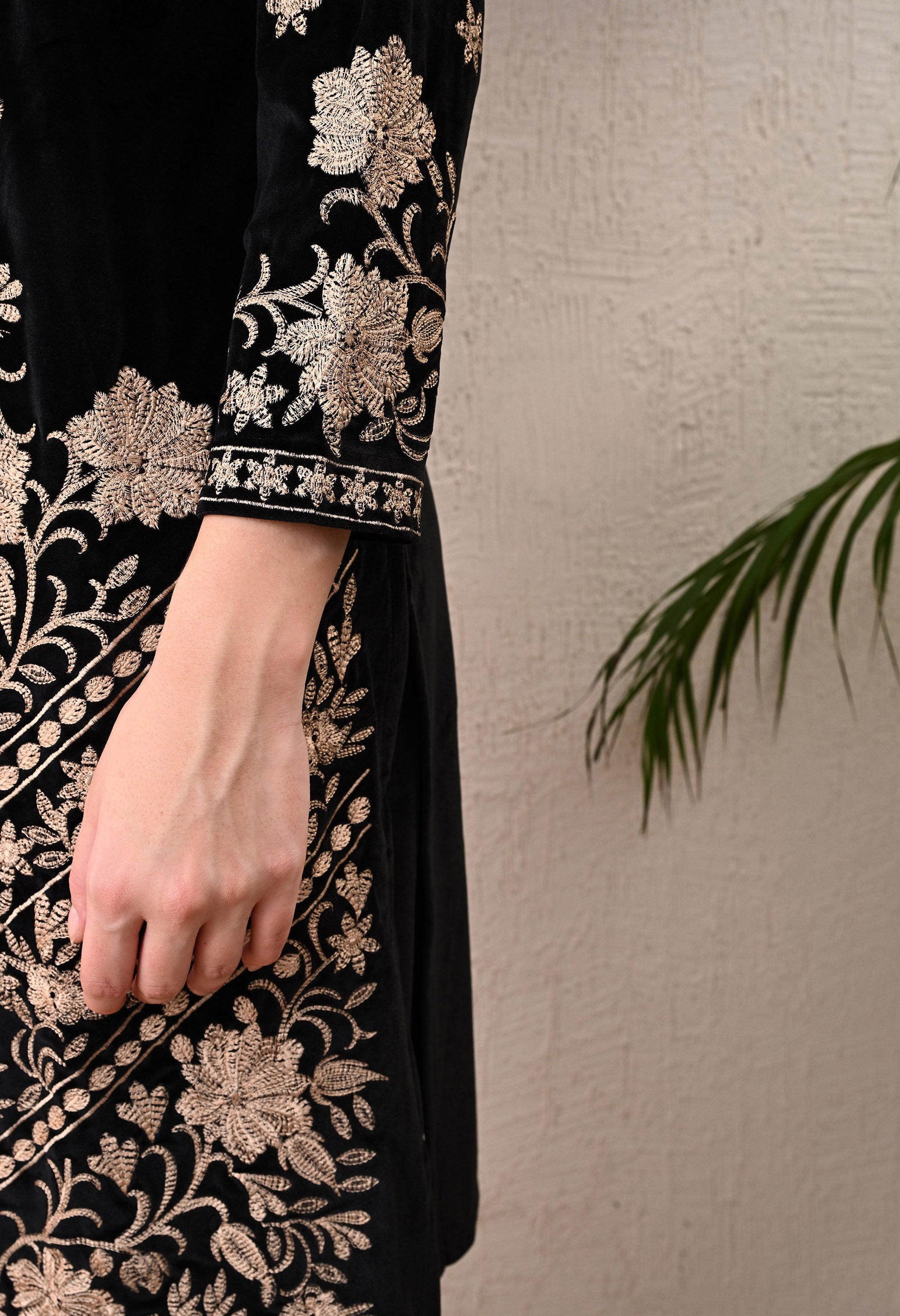 Black Kashmiri Embroidered Velvet Suit with Detachable Jacket - Set of 3