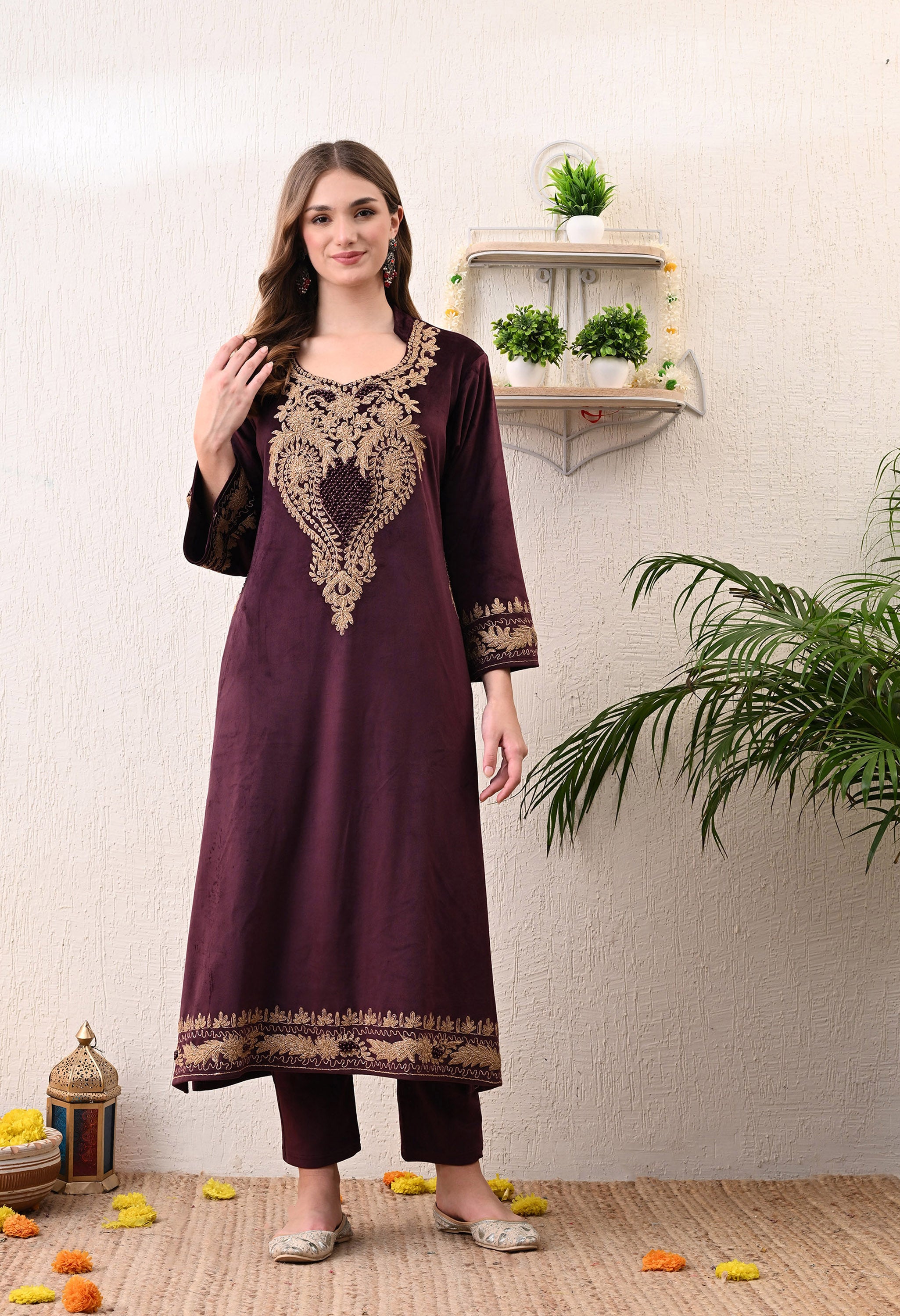 Maroon Phiran Style Velvet Suit with Kashmir Tilla Embroidery and Beads