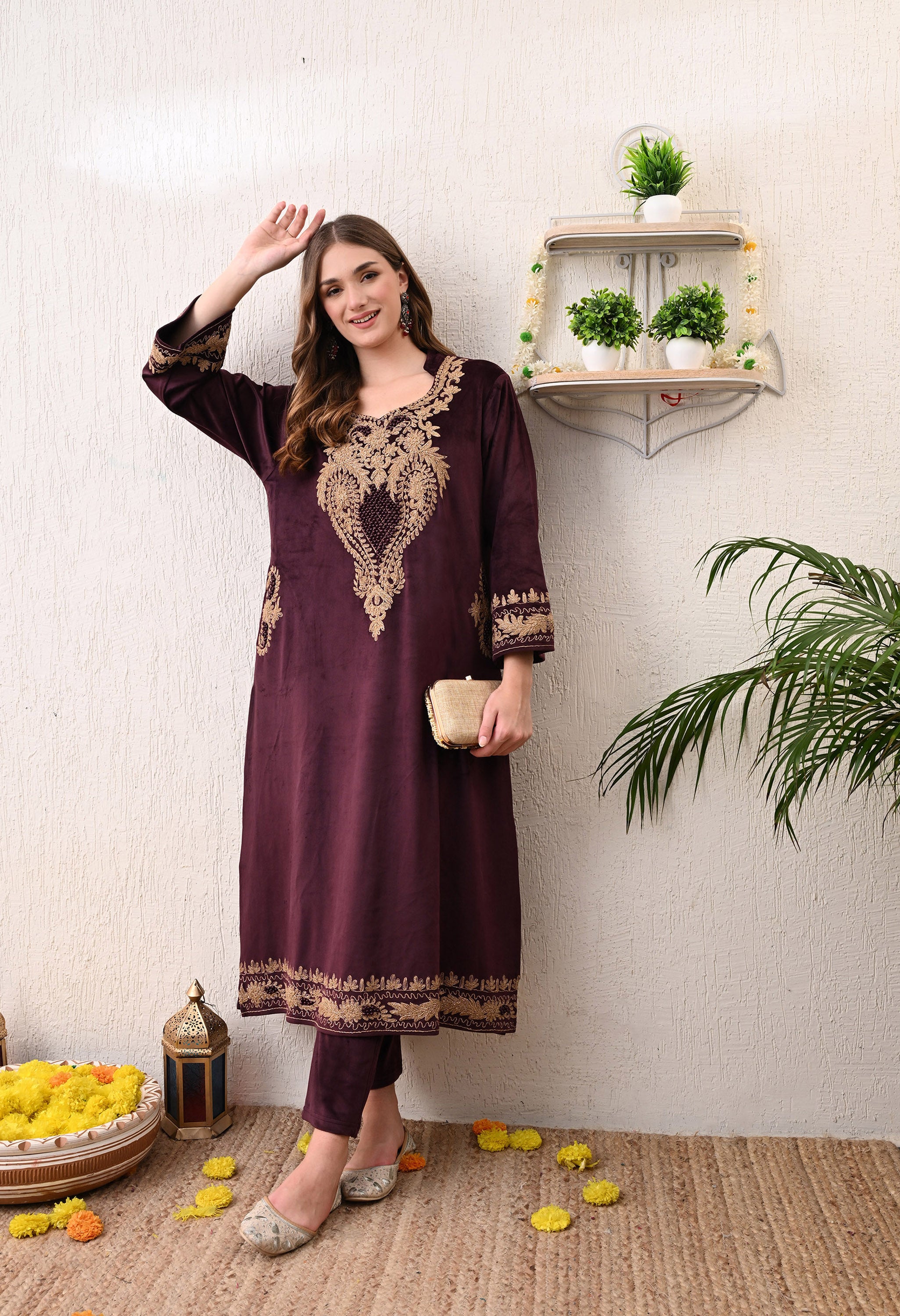 Maroon Phiran Style Velvet Suit with Kashmir Tilla Embroidery and Beads