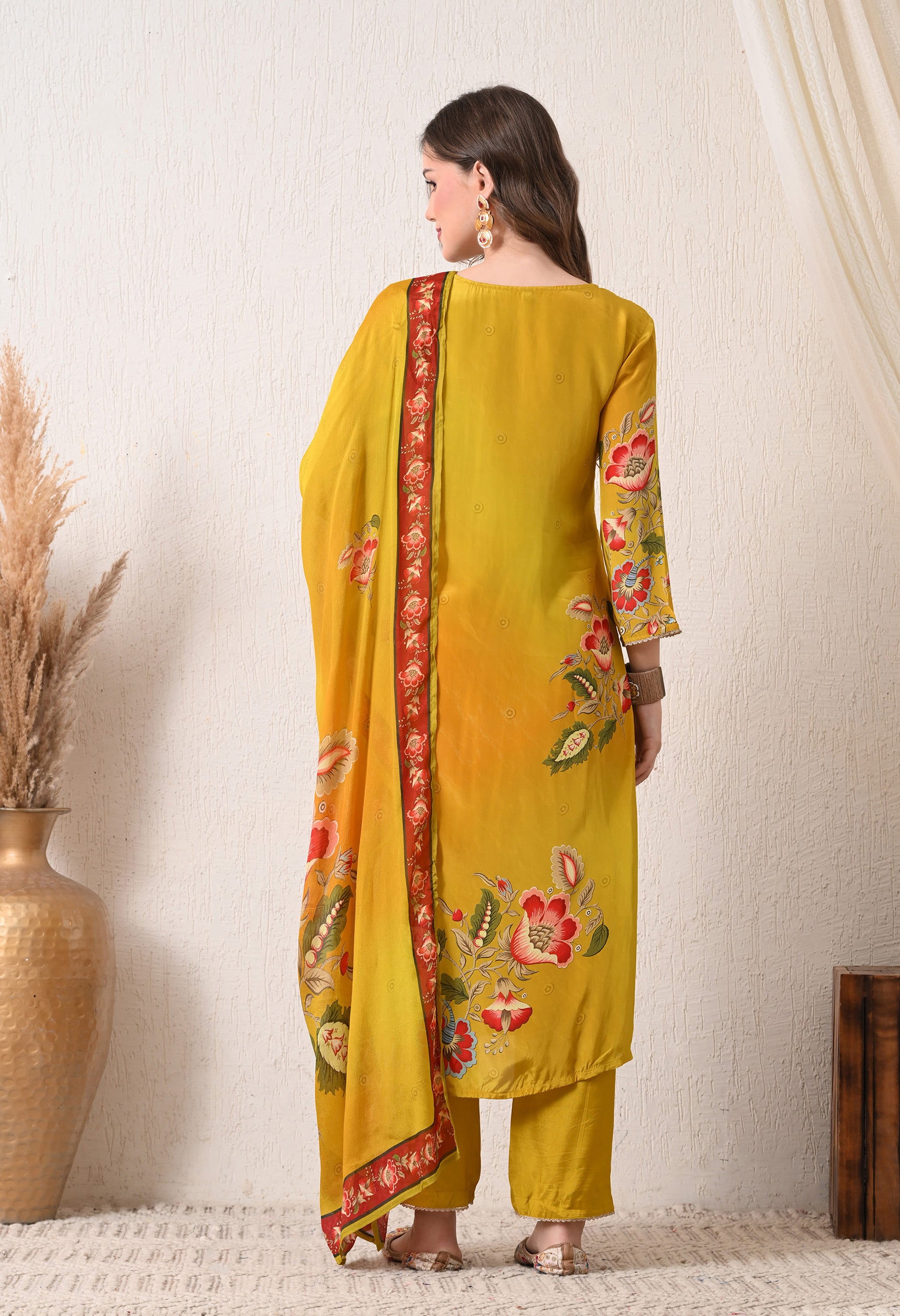Yellow Orange Ombre Digital print Crepe Embroidered Suit - set of 3