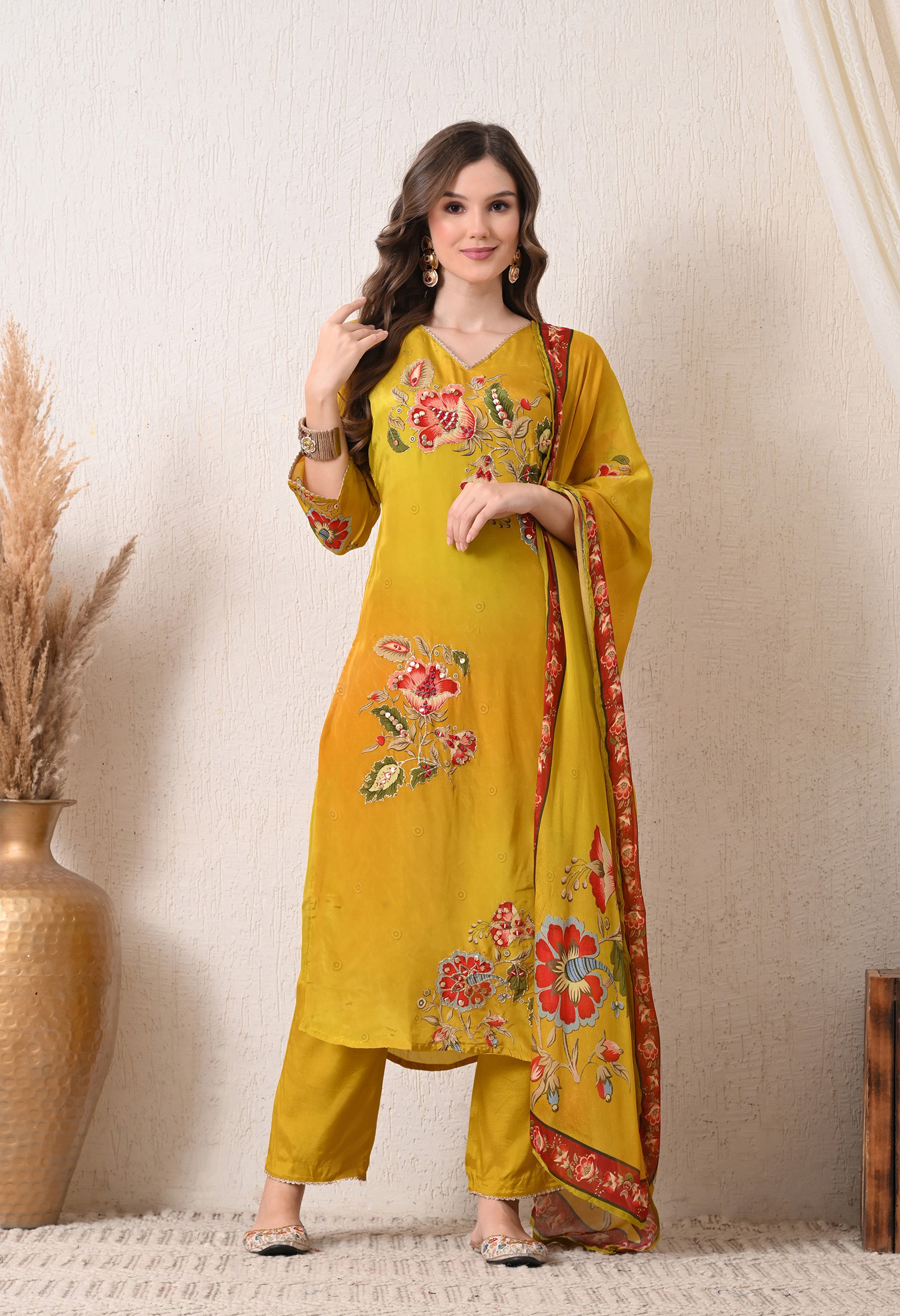 Yellow Orange Ombre Digital print Crepe Embroidered Suit - set of 3