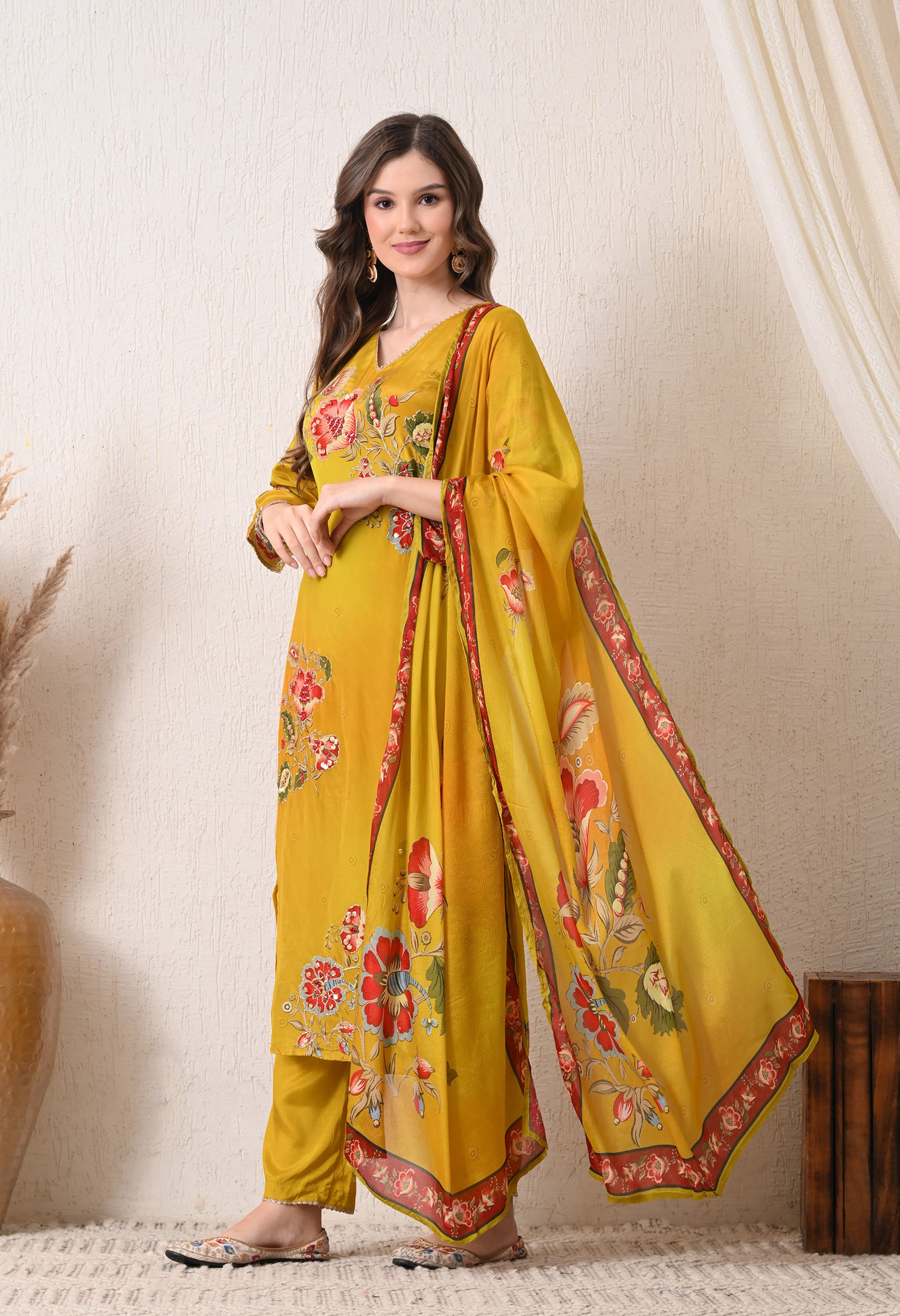Yellow Orange Ombre Digital print Crepe Embroidered Suit - set of 3