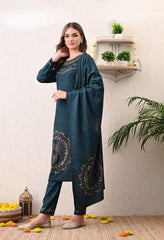 Blue Digital Print Woolen Suit (with Shawl) with Zari and Beads Work Detailing - Set of 3