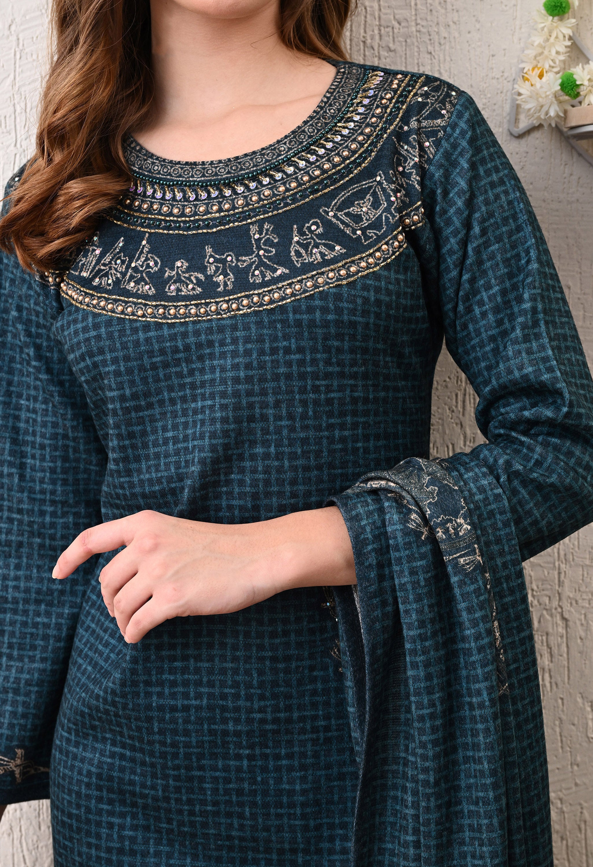 Blue Digital Print Woolen Suit (with Shawl) with Zari and Beads Work Detailing - Set of 3