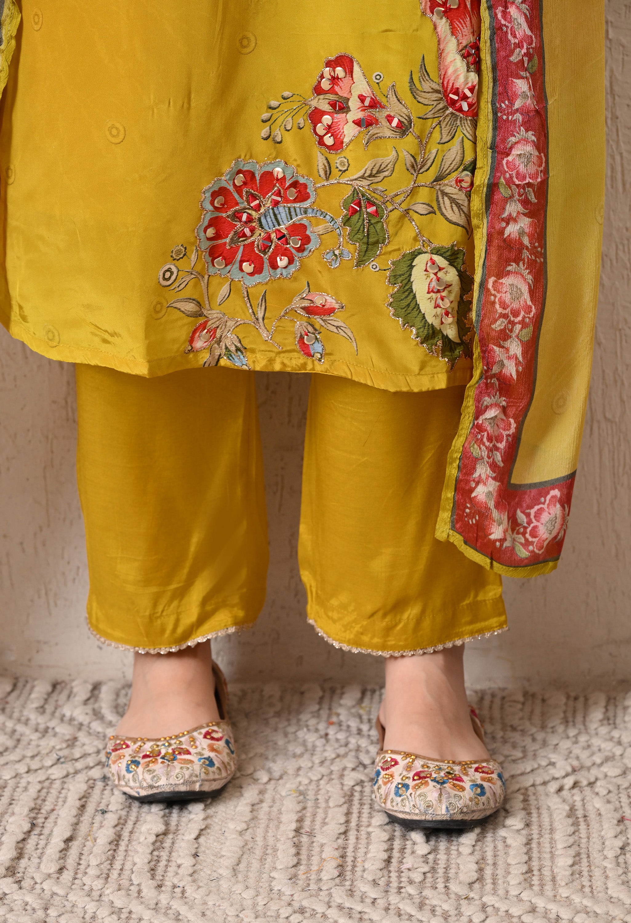 Yellow Orange Ombre Digital print Crepe Embroidered Suit - set of 3