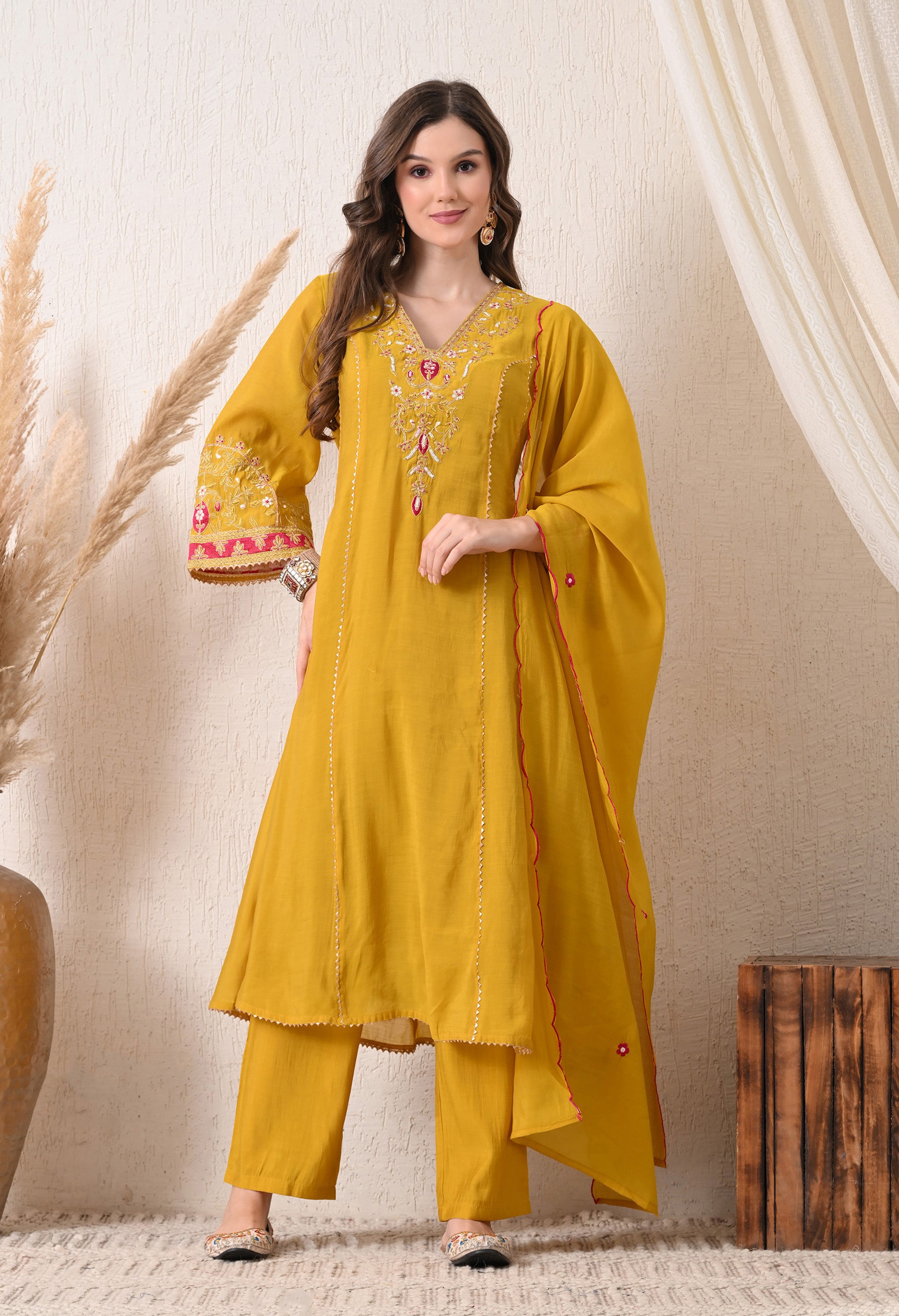 Yellow Mustard Mul Chanderi Zari Embroidered Suit- Set of 3