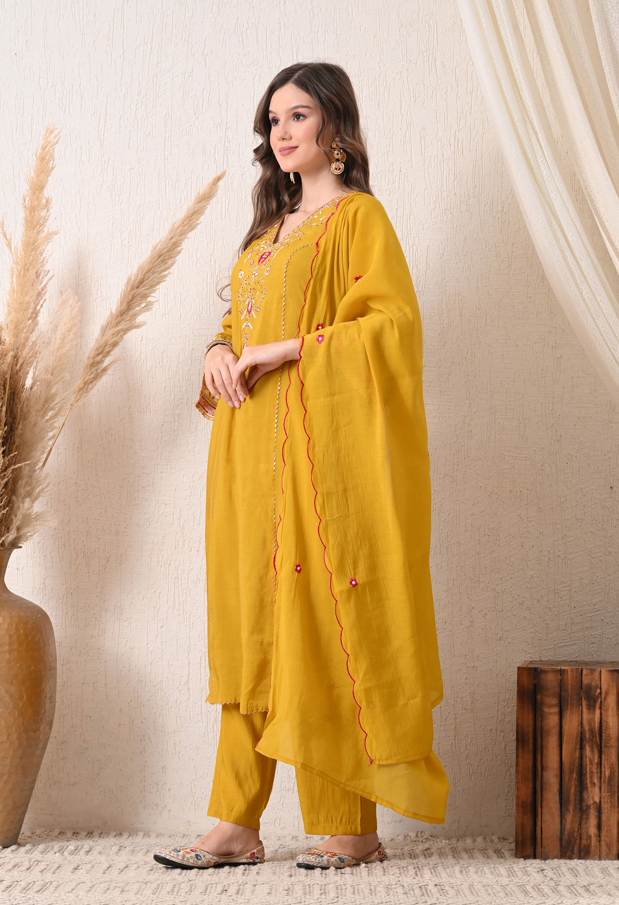 Yellow Mustard Mul Chanderi Zari Embroidered Suit- Set of 3