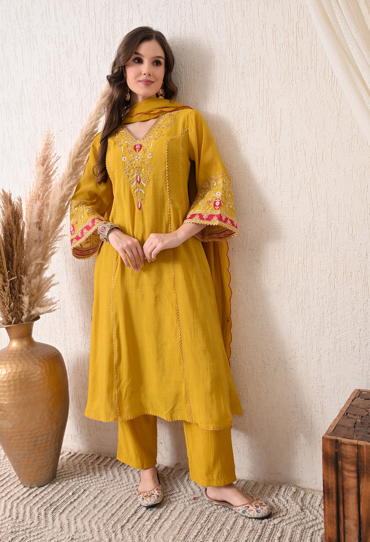 Yellow Mustard Mul Chanderi Zari Embroidered Suit- Set of 3