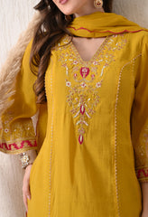 Yellow Mustard Mul Chanderi Zari Embroidered Suit- Set of 3