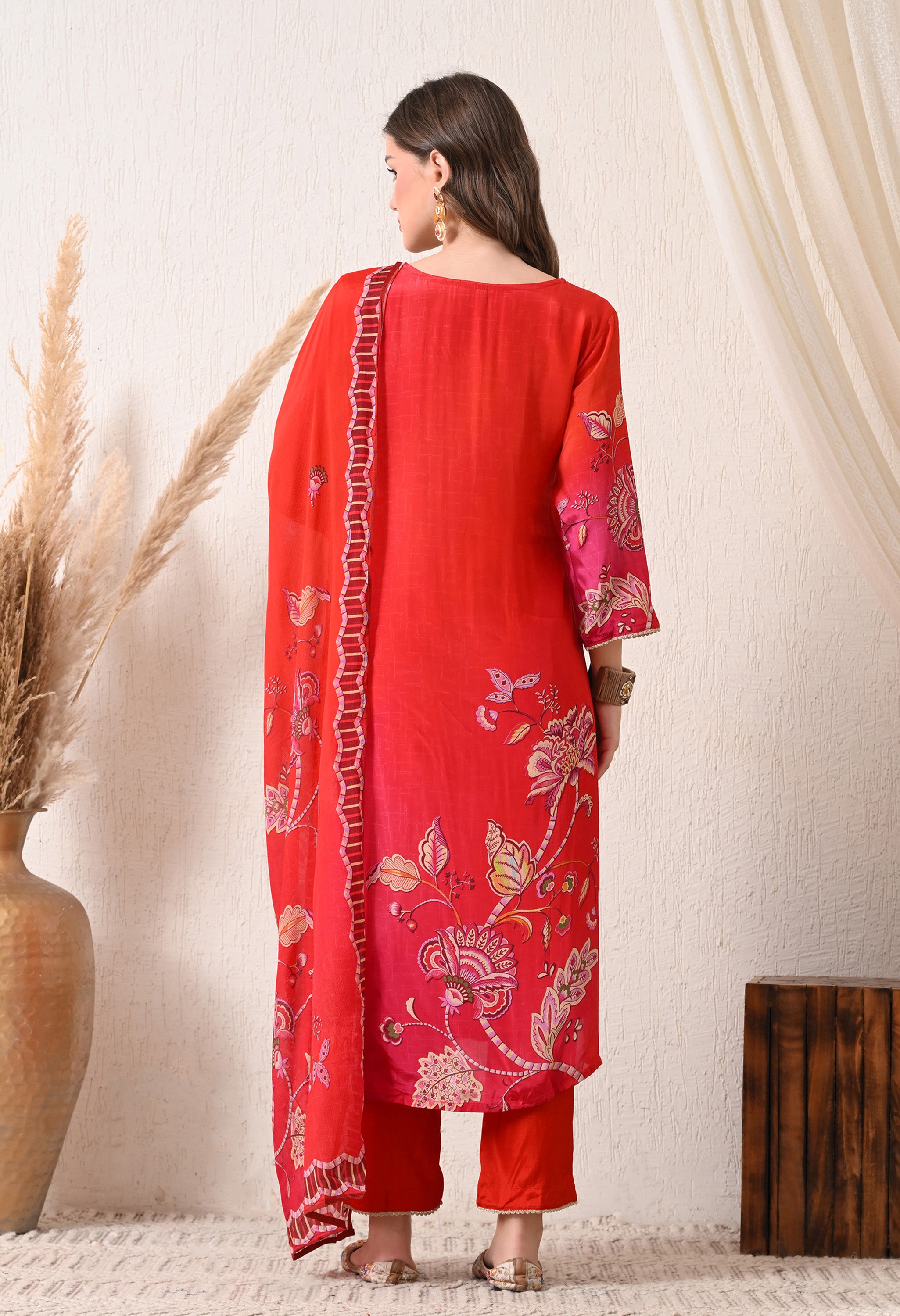 Red Magenta Ombre Crepe Embroidered Suit - set of 3