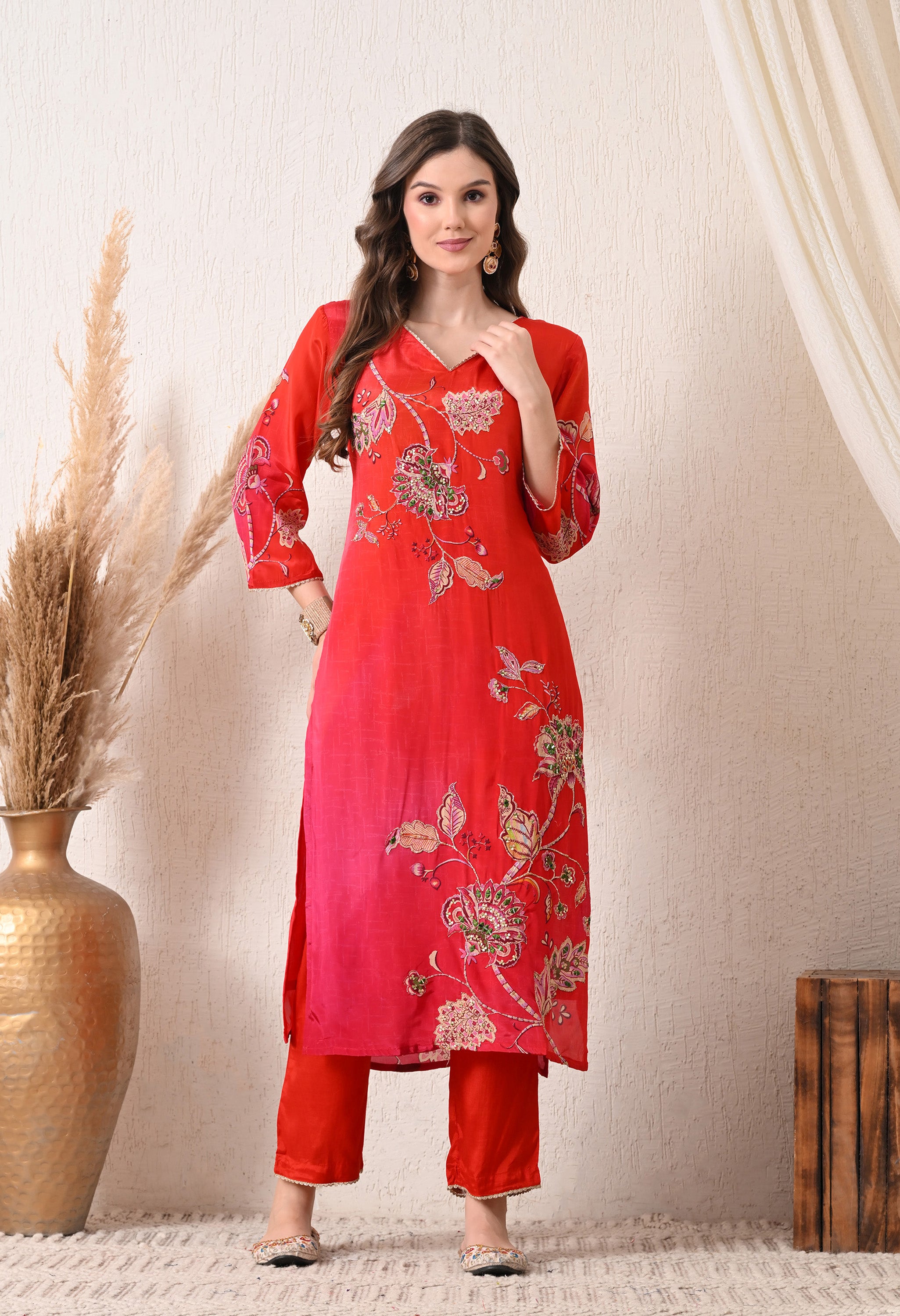 Red Magenta Ombre Crepe Embroidered Suit - set of 3