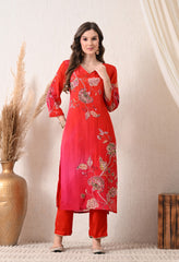 Red Magenta Ombre Crepe Embroidered Suit - set of 3