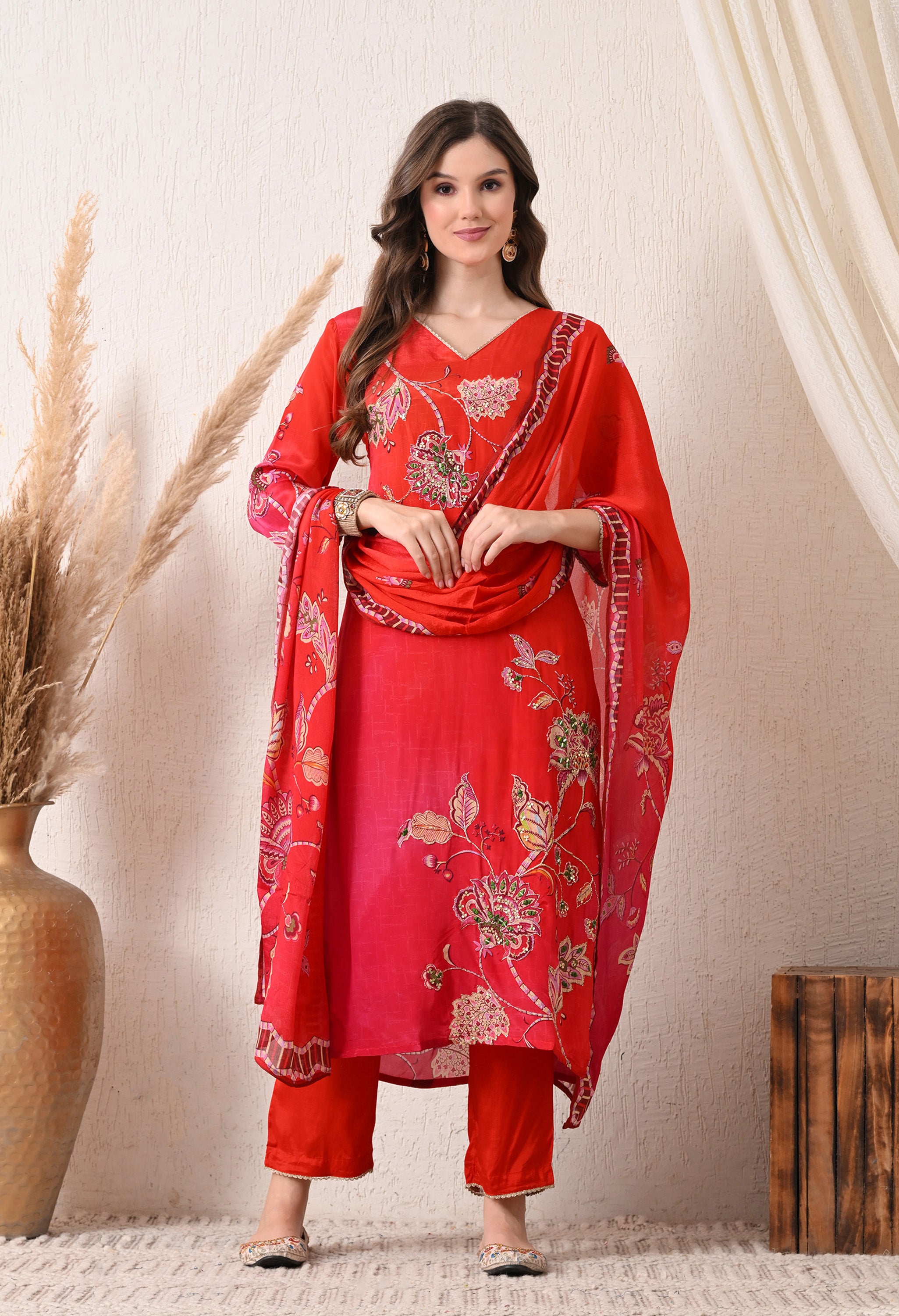 Red Magenta Ombre Crepe Embroidered Suit - set of 3