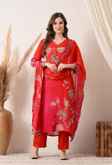 Red Magenta Ombre Crepe Embroidered Suit - set of 3