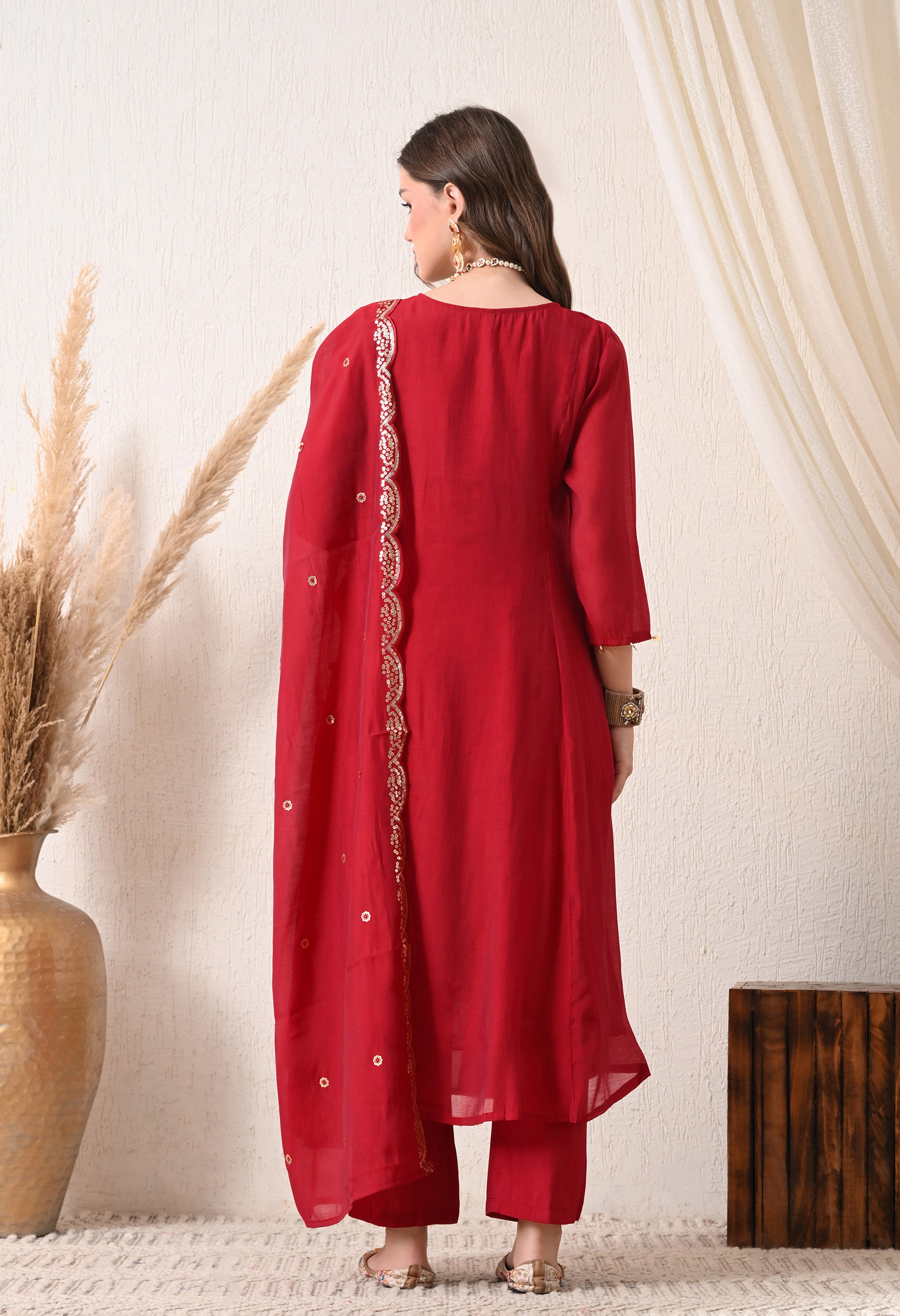 Maroon Silk Chanderi Embroidered Anarkali Suit- Set of 3