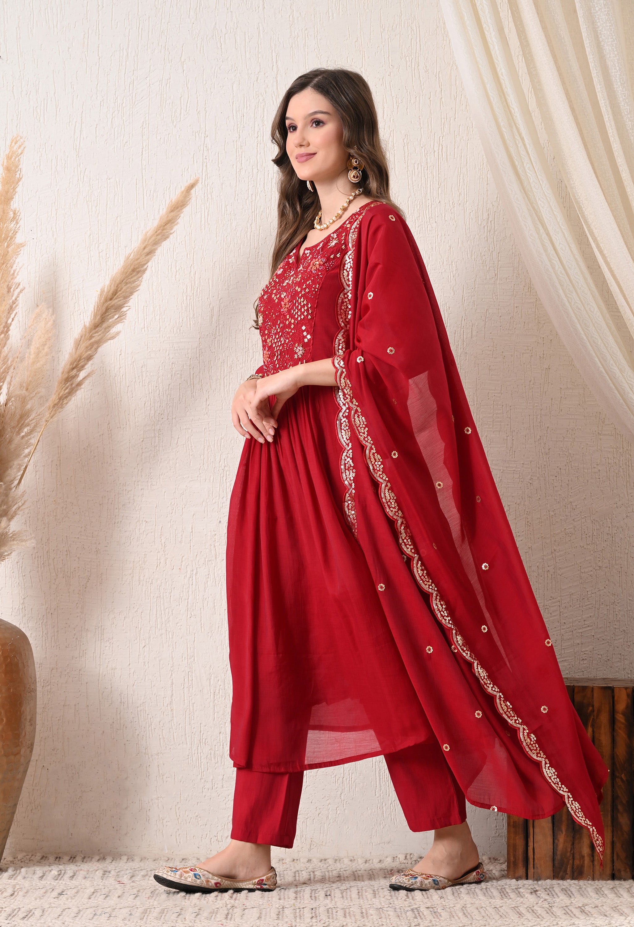 Maroon Silk Chanderi Embroidered Anarkali Suit- Set of 3