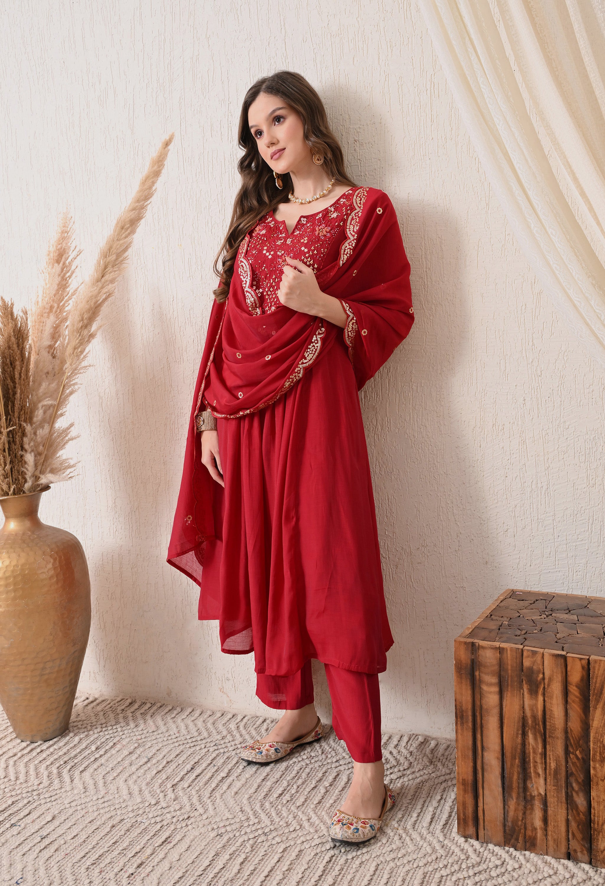 Maroon Silk Chanderi Embroidered Anarkali Suit- Set of 3